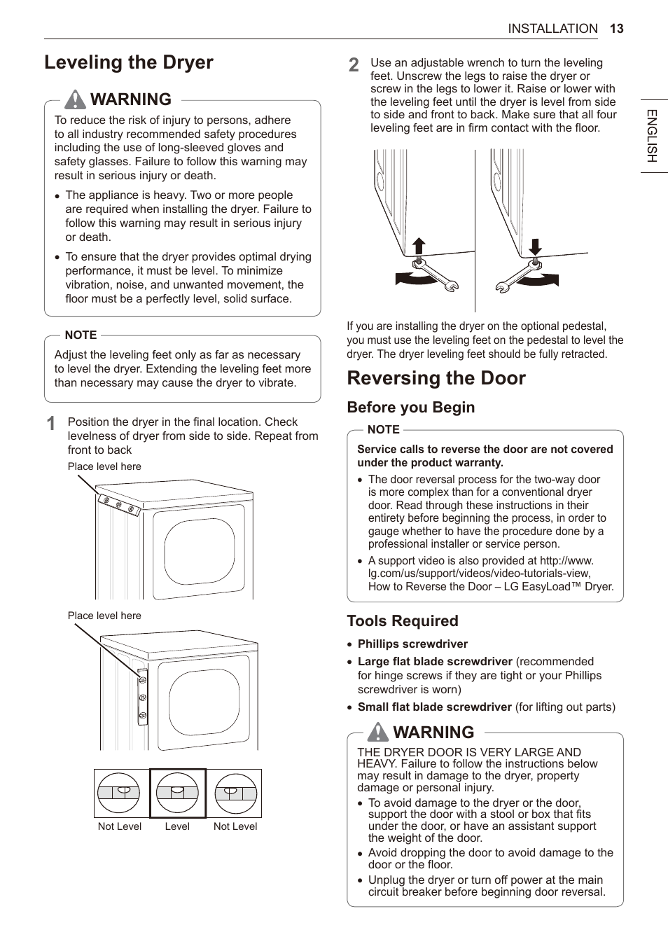 Leveling the dryer, Reversing the door, 13 leveling the dryer 13 reversing the door | Warning, Before you begin, Tools required | LG 27 Inch Electric Smart Dryer Owner Manual User Manual | Page 13 / 128