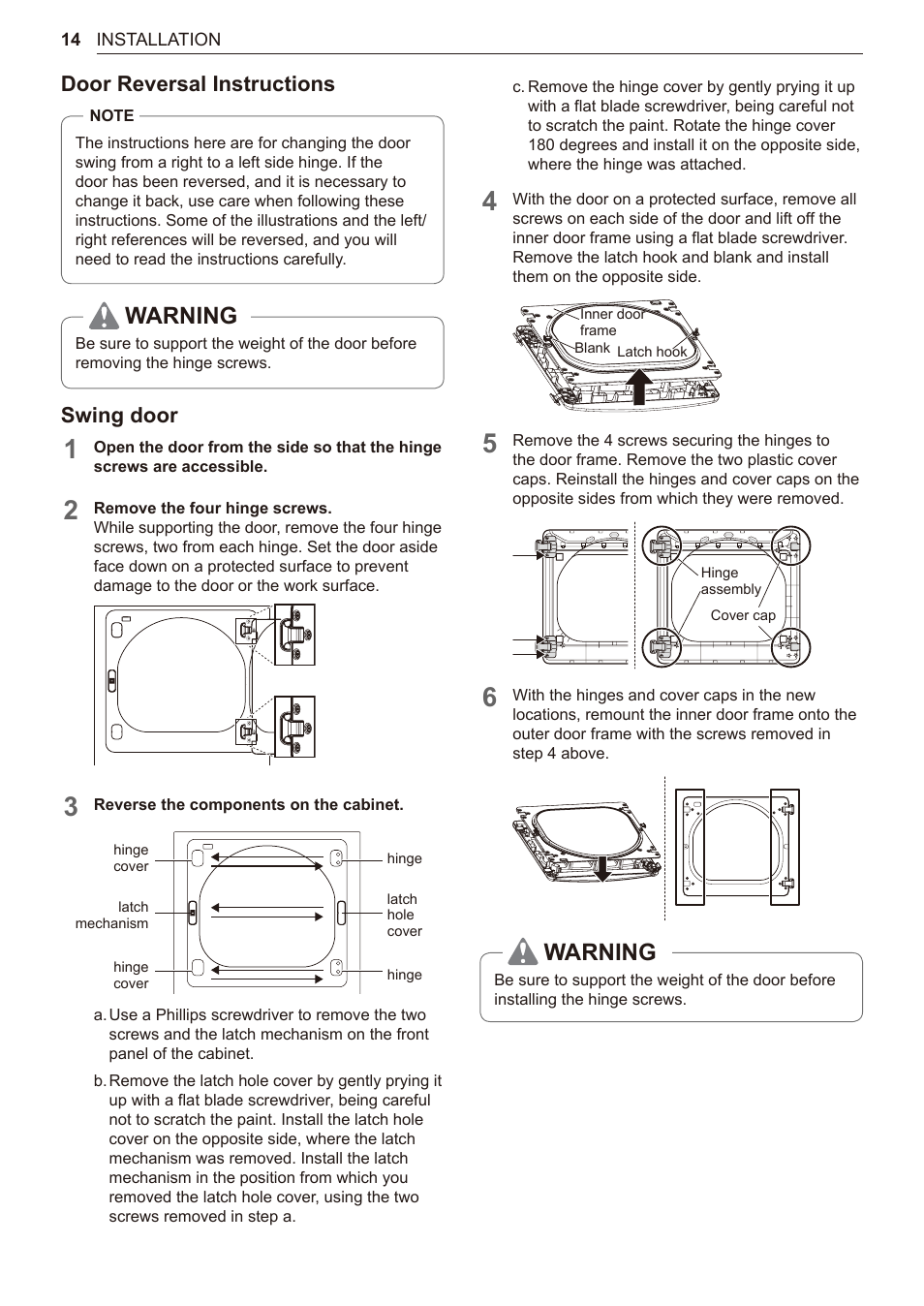 Warning, Door reversal instructions, Swing door | LG 27 Inch Electric Smart Dryer Owner Manual User Manual | Page 14 / 128