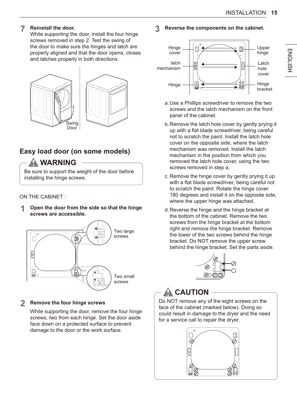 Warning, Caution, Easy load door (on some models) | LG 27 Inch Electric Smart Dryer Owner Manual User Manual | Page 15 / 128