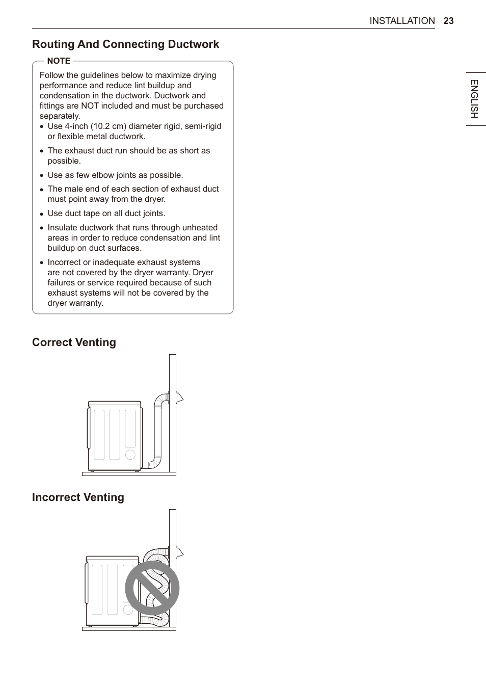 Routing and connecting ductwork, Correct venting incorrect venting | LG 27 Inch Electric Smart Dryer Owner Manual User Manual | Page 23 / 128