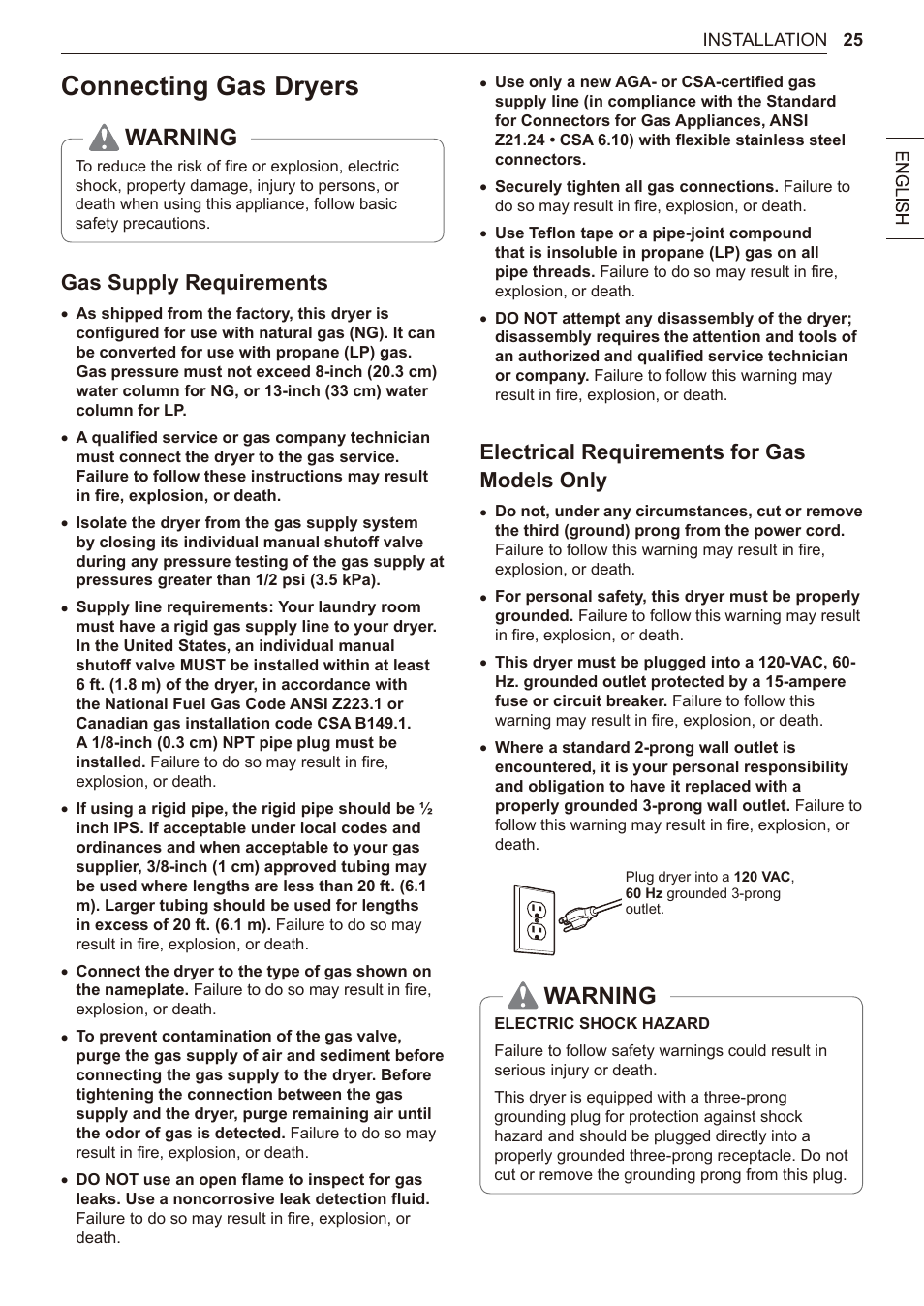 Connecting gas dryers, 25 connecting gas dryers, Warning | Gas supply requirements, Electrical requirements for gas models only | LG 27 Inch Electric Smart Dryer Owner Manual User Manual | Page 25 / 128