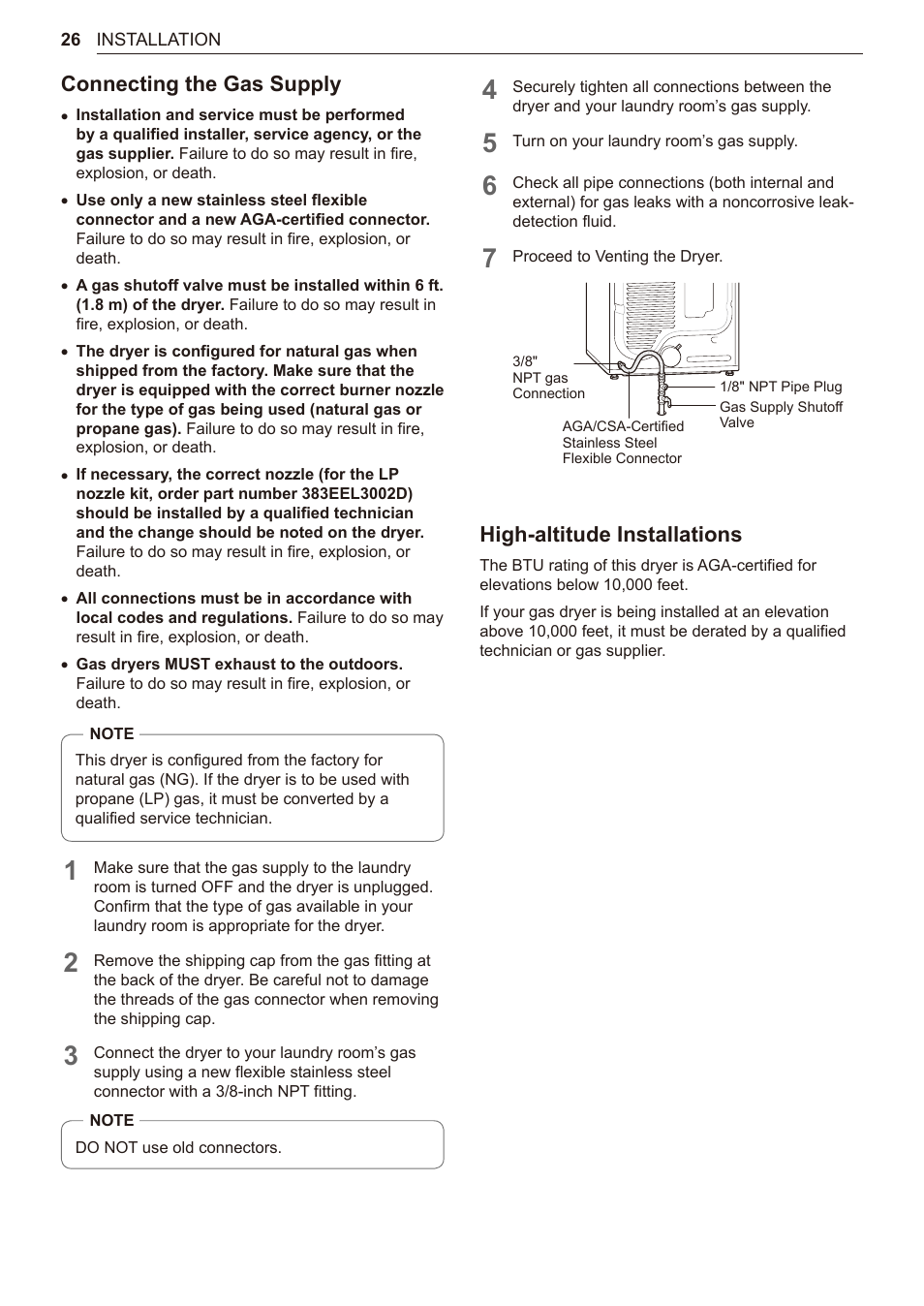 Connecting the gas supply, High-altitude installations | LG 27 Inch Electric Smart Dryer Owner Manual User Manual | Page 26 / 128