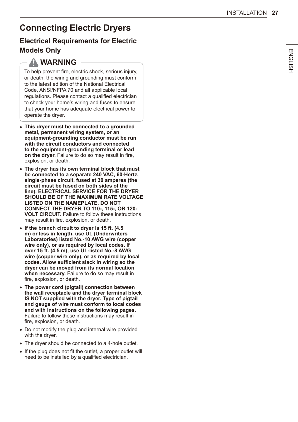 Connecting electric dryers, 27 connecting electric dryers, Warning | Electrical requirements for electric models only | LG 27 Inch Electric Smart Dryer Owner Manual User Manual | Page 27 / 128