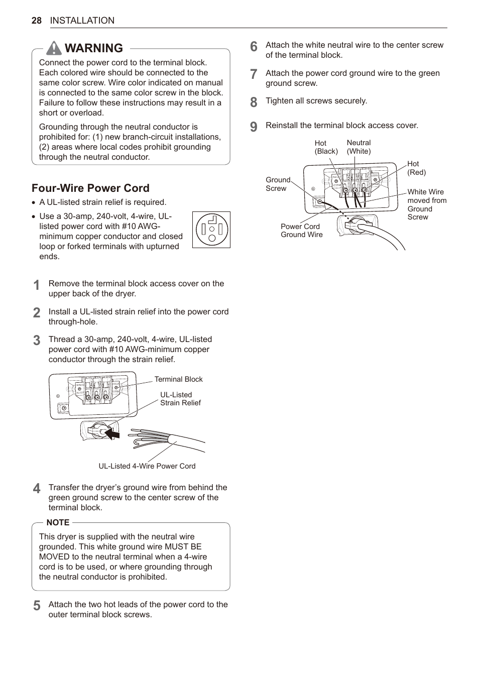 Warning, Four-wire power cord | LG 27 Inch Electric Smart Dryer Owner Manual User Manual | Page 28 / 128