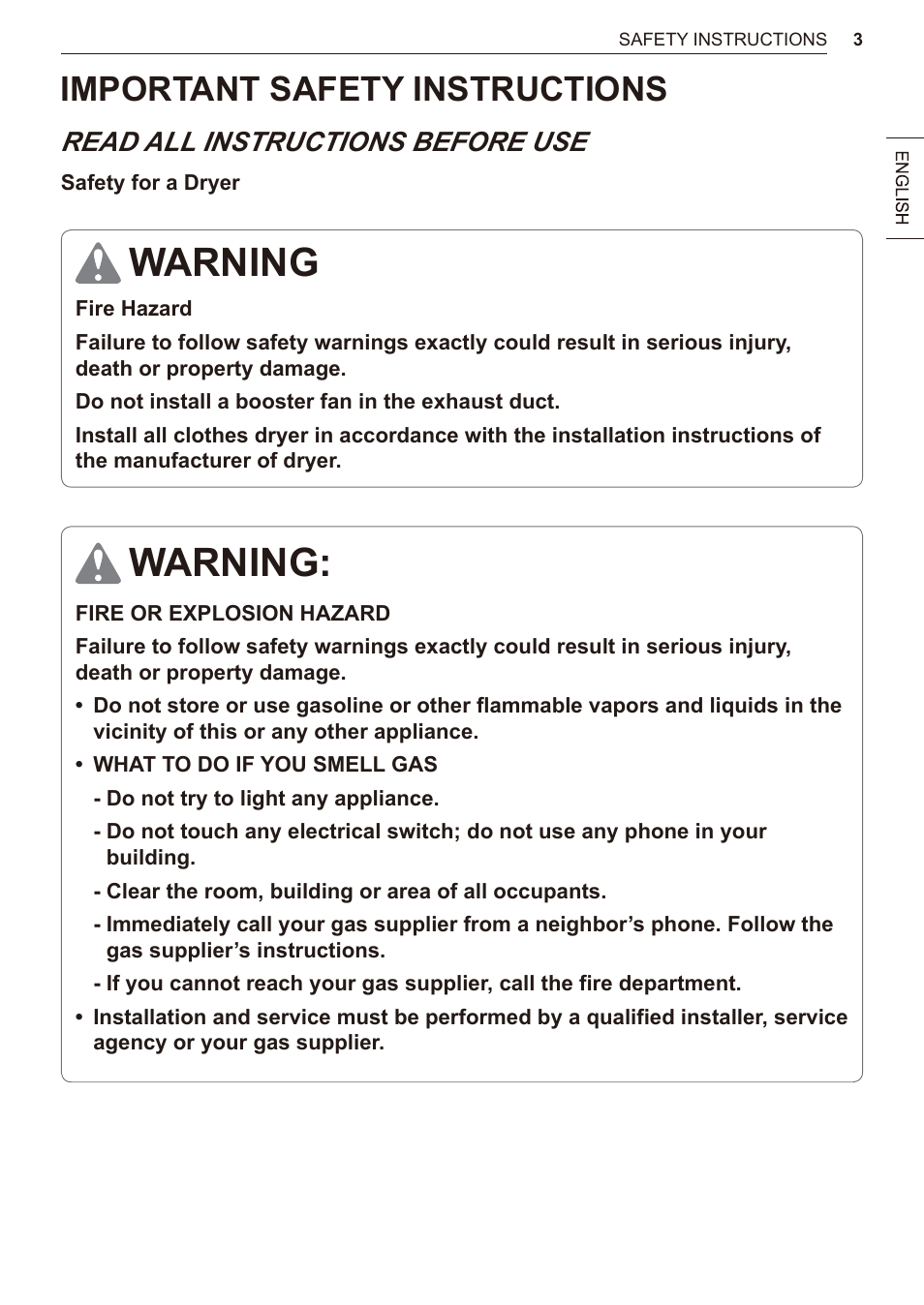 Safety instructions, Warning warning, Important safety instructions | Read all instructions before use | LG 27 Inch Electric Smart Dryer Owner Manual User Manual | Page 3 / 128