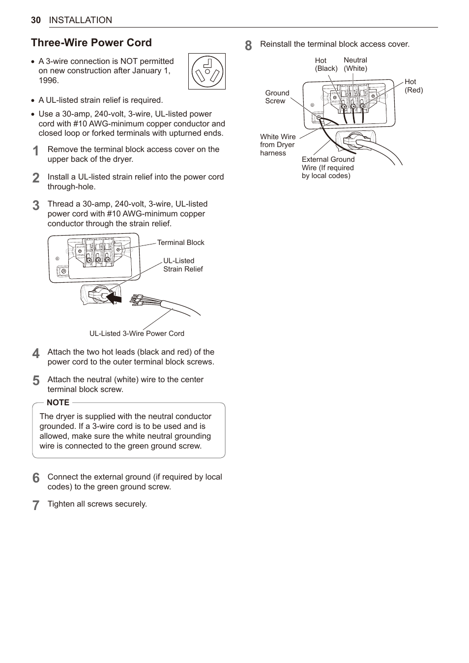 Three-wire power cord | LG 27 Inch Electric Smart Dryer Owner Manual User Manual | Page 30 / 128