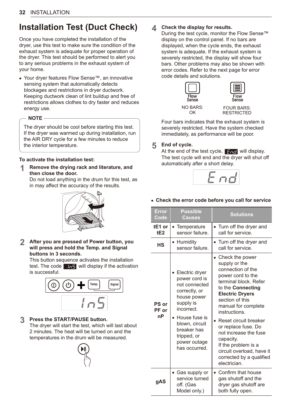 Installation test (duct check), 32 installation test (duct check) | LG 27 Inch Electric Smart Dryer Owner Manual User Manual | Page 32 / 128