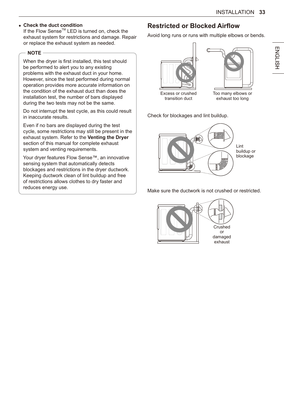 Restricted or blocked airflow | LG 27 Inch Electric Smart Dryer Owner Manual User Manual | Page 33 / 128