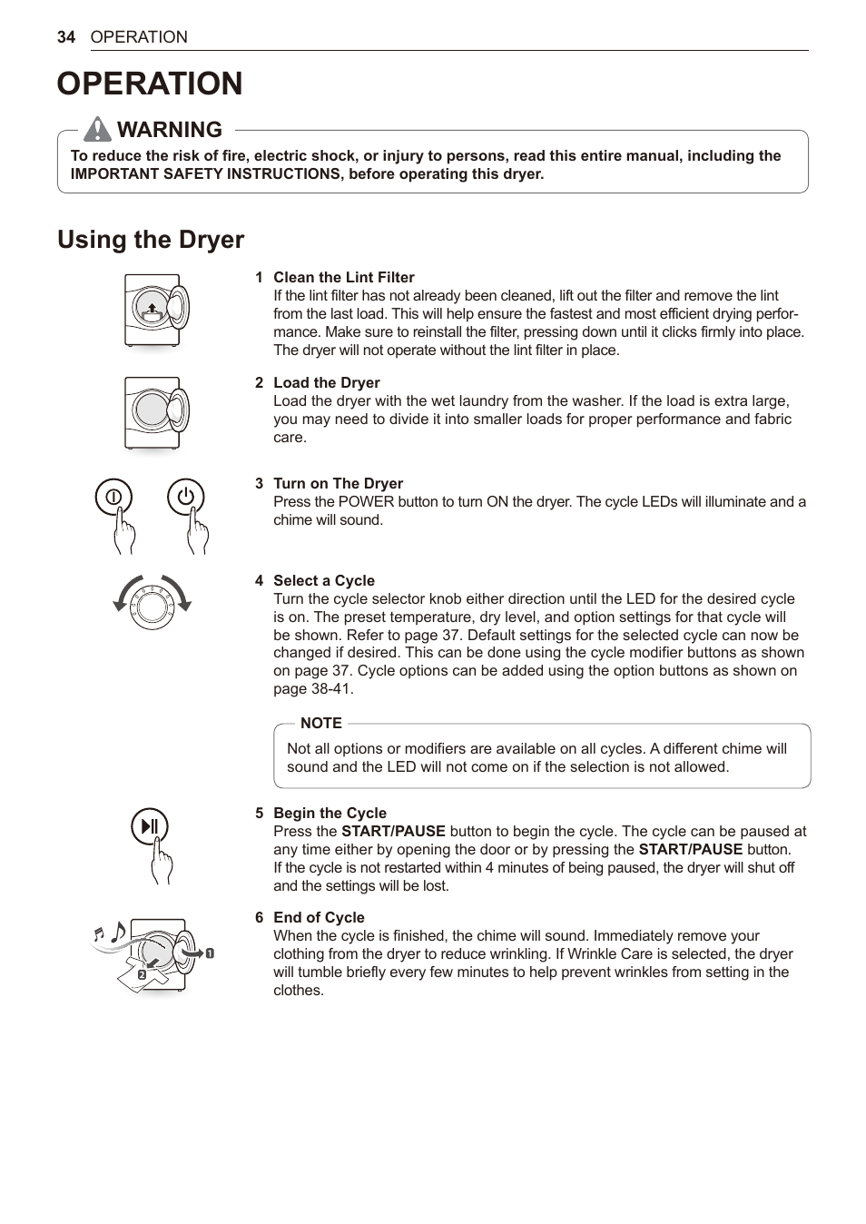 Operation, Using the dryer, 34 using the dryer | Warning | LG 27 Inch Electric Smart Dryer Owner Manual User Manual | Page 34 / 128