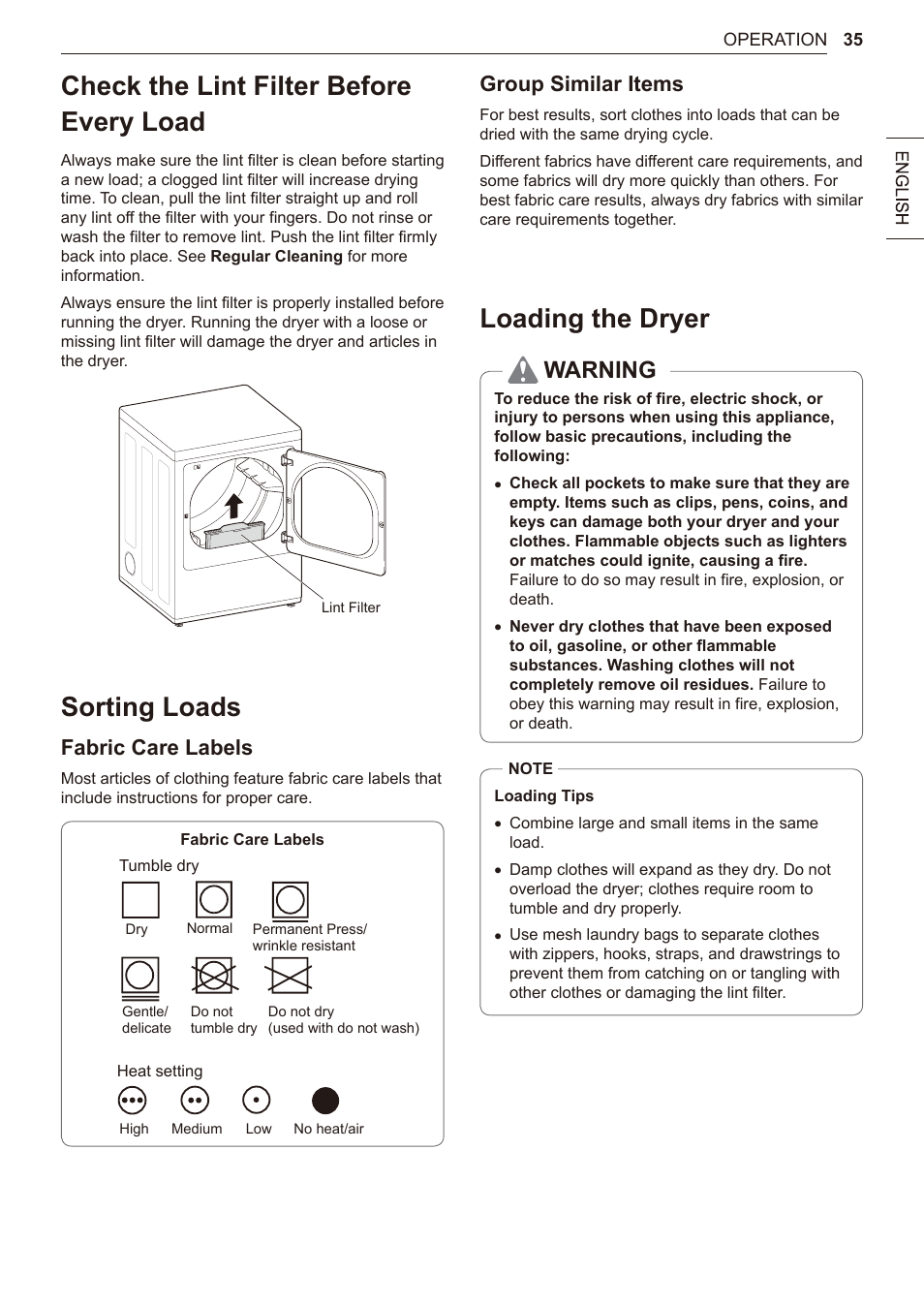 Check the lint filter before every load, Sorting loads, Loading the dryer | Warning, Fabric care labels, Group similar items | LG 27 Inch Electric Smart Dryer Owner Manual User Manual | Page 35 / 128