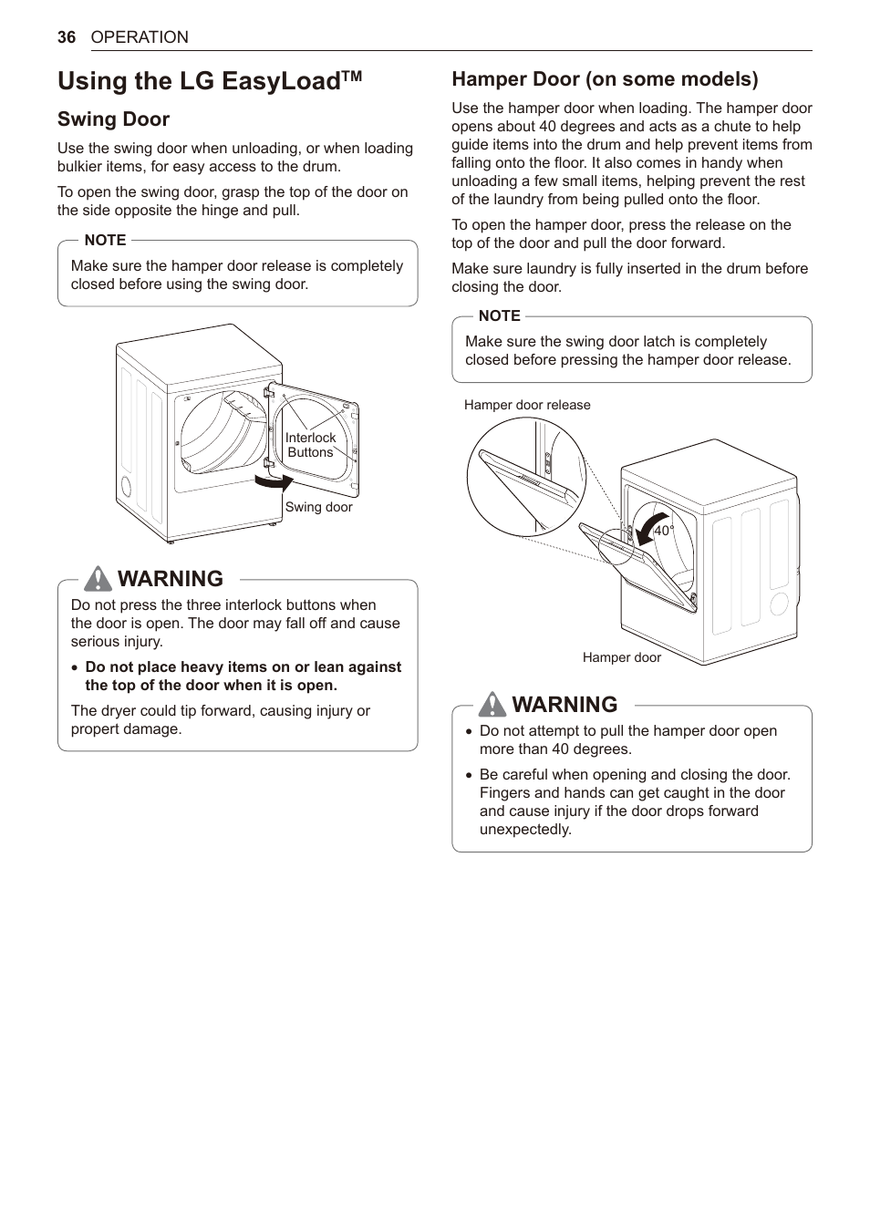 Using the lg easyloadtm, 36 using the lg easyload, Using the lg easyload | Warning, Swing door, Hamper door (on some models) | LG 27 Inch Electric Smart Dryer Owner Manual User Manual | Page 36 / 128