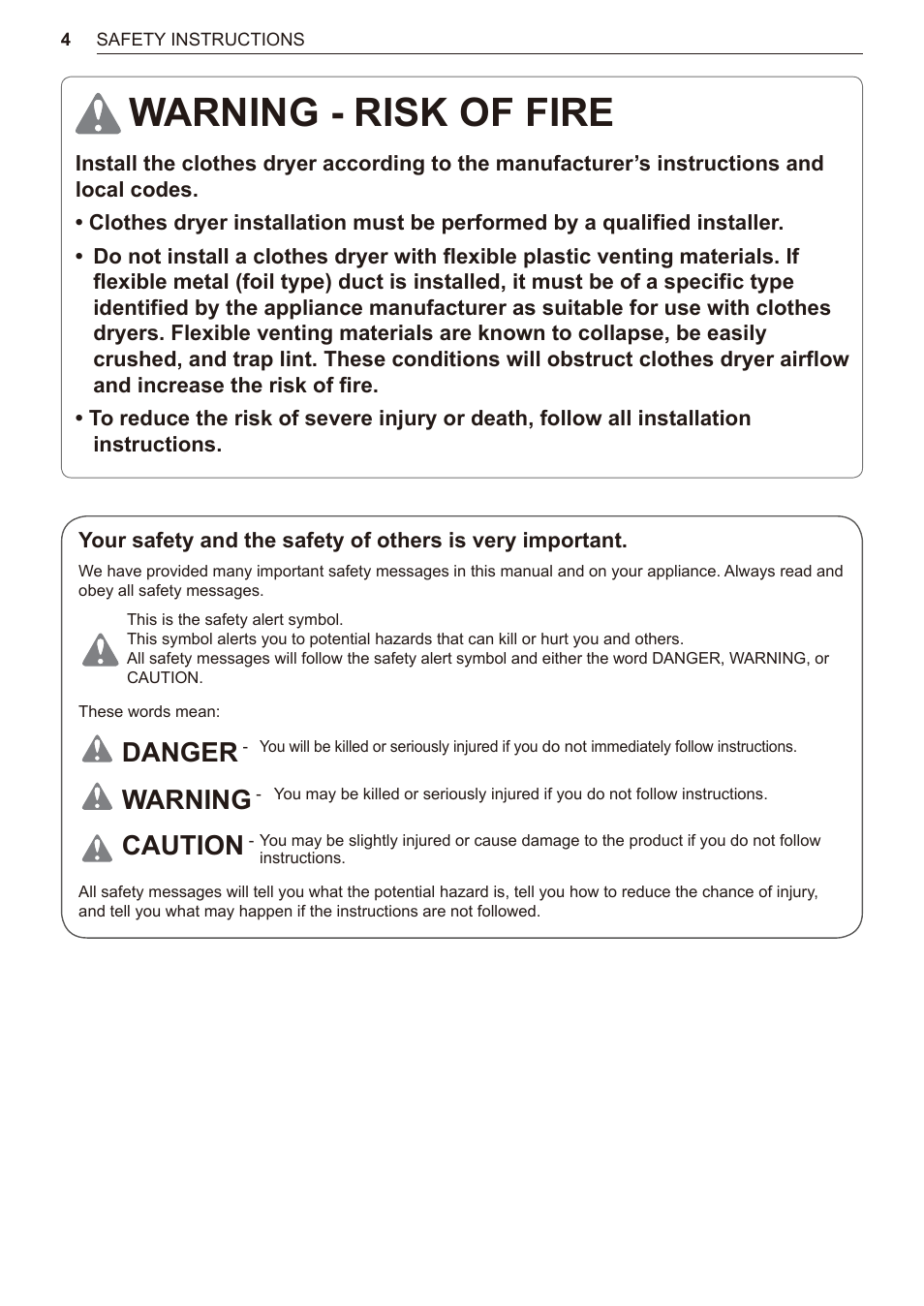 Warning - risk of fire, Danger, Warning | Caution | LG 27 Inch Electric Smart Dryer Owner Manual User Manual | Page 4 / 128