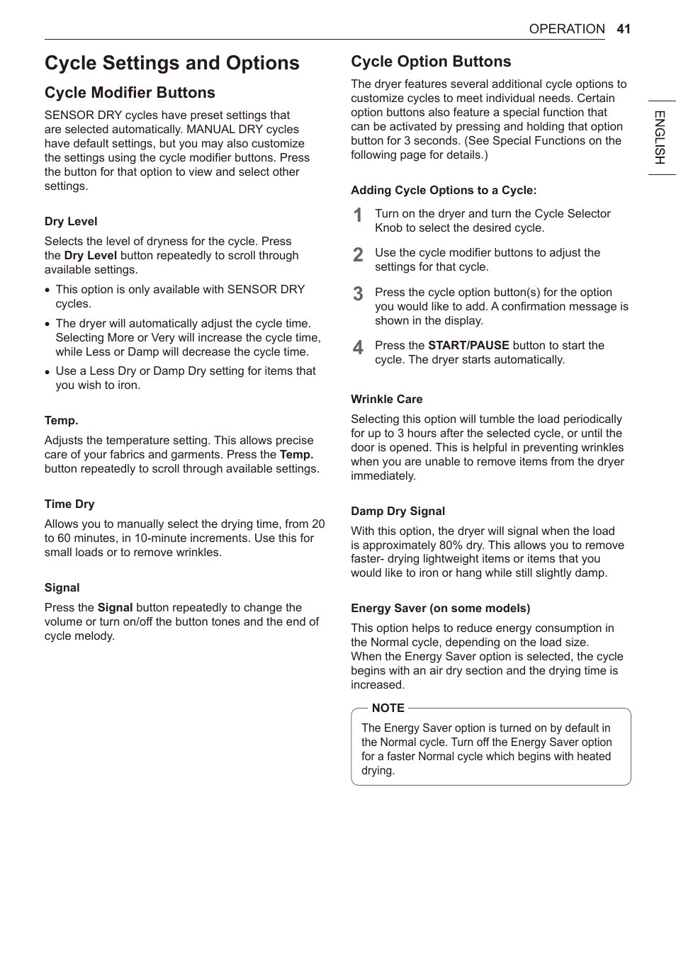 Cycle settings and options, 41 cycle settings and options, Cycle modifier buttons | Cycle option buttons | LG 27 Inch Electric Smart Dryer Owner Manual User Manual | Page 41 / 128