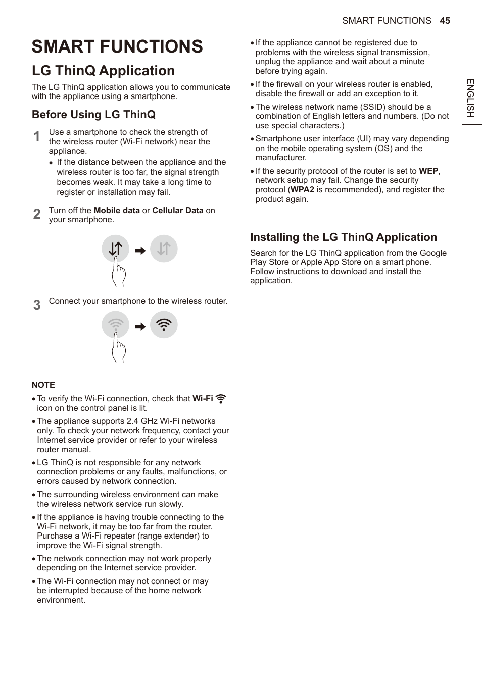 Smart features, Tag on (on some models), Smart functions | Lg thinq application, Before using lg thinq, Installing the lg thinq application | LG 27 Inch Electric Smart Dryer Owner Manual User Manual | Page 45 / 128