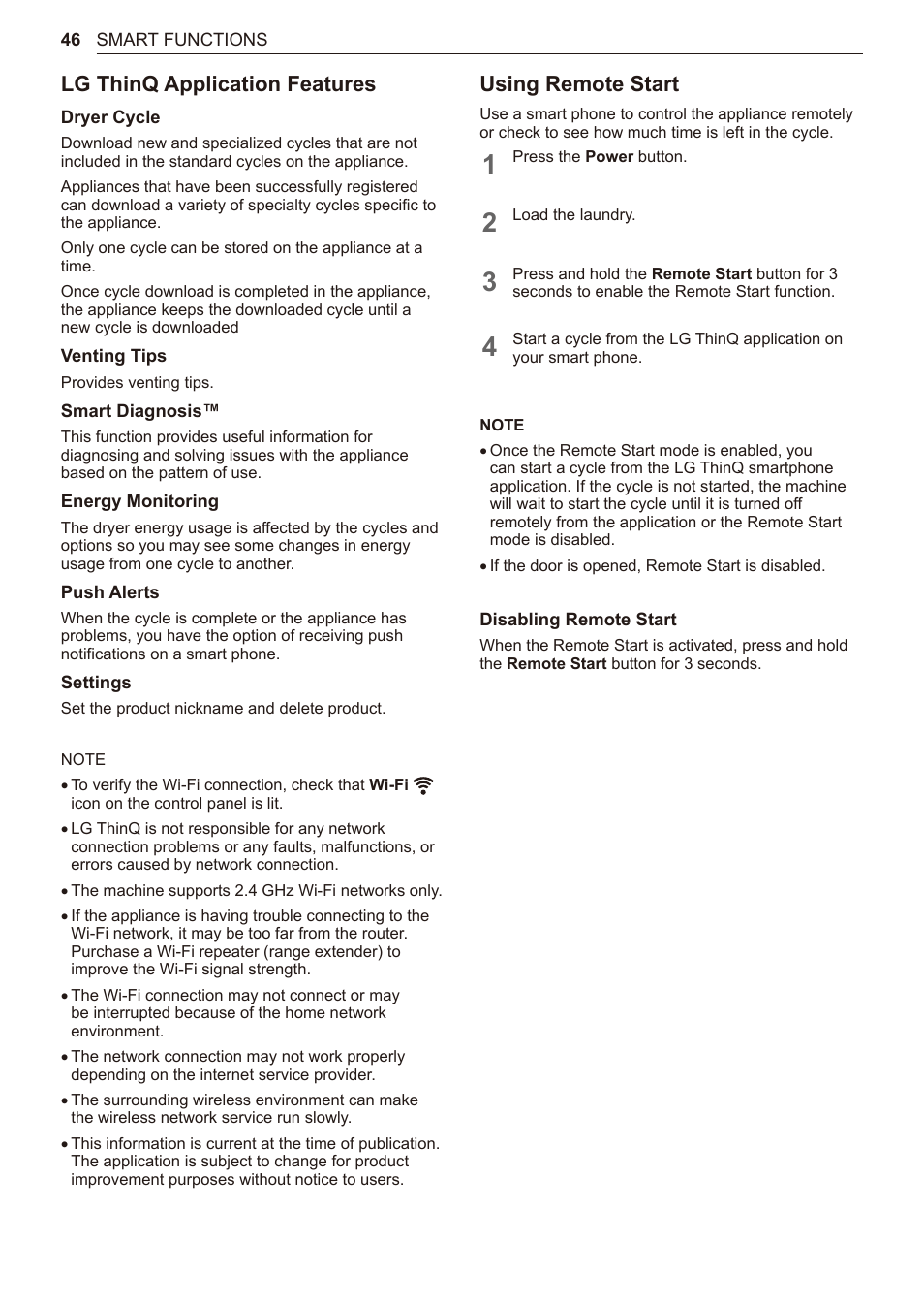 Lg thinq application features, Using remote start | LG 27 Inch Electric Smart Dryer Owner Manual User Manual | Page 46 / 128