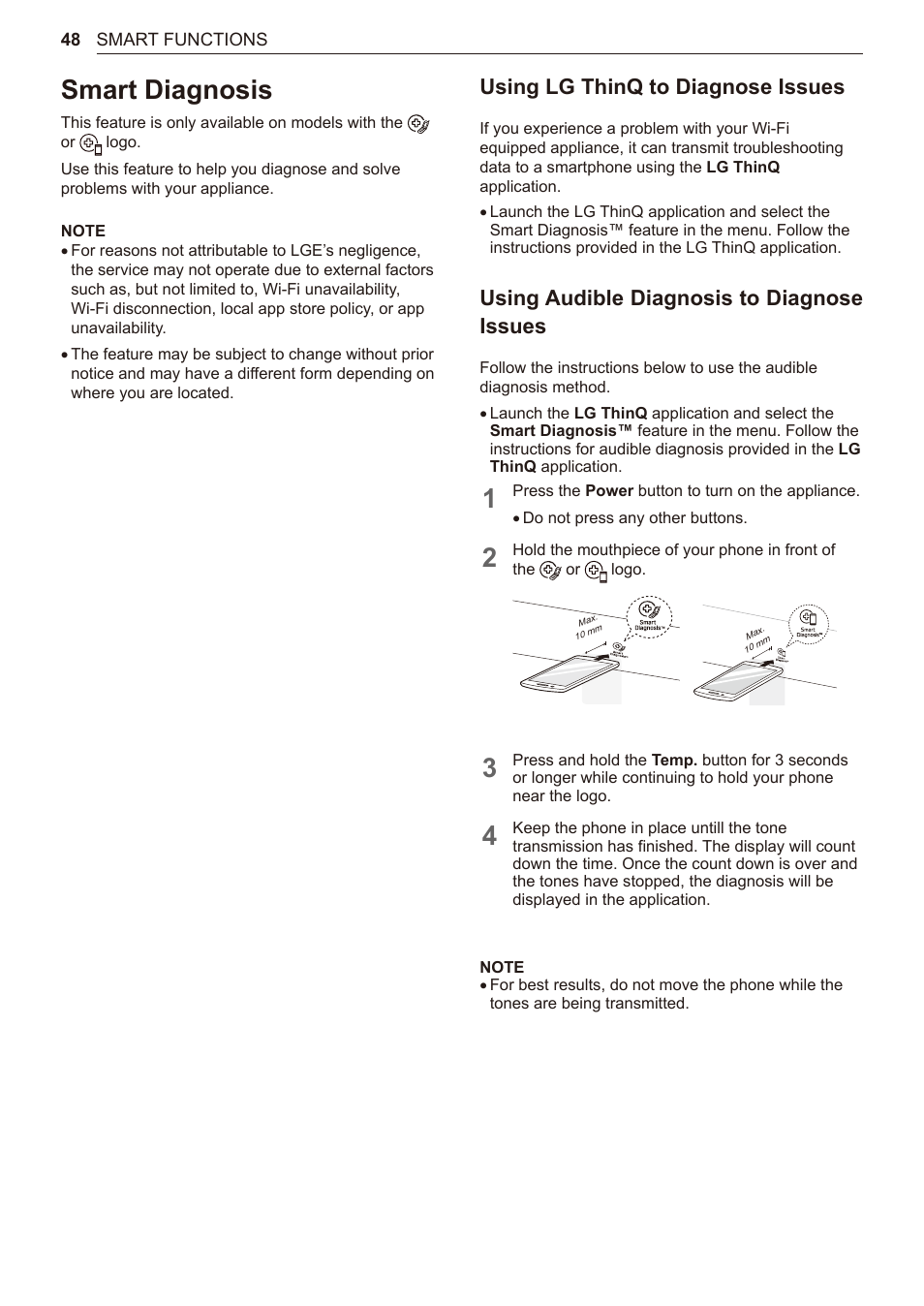 Smart diagnosis, Using lg thinq to diagnose issues, Using audible diagnosis to diagnose issues | LG 27 Inch Electric Smart Dryer Owner Manual User Manual | Page 48 / 128