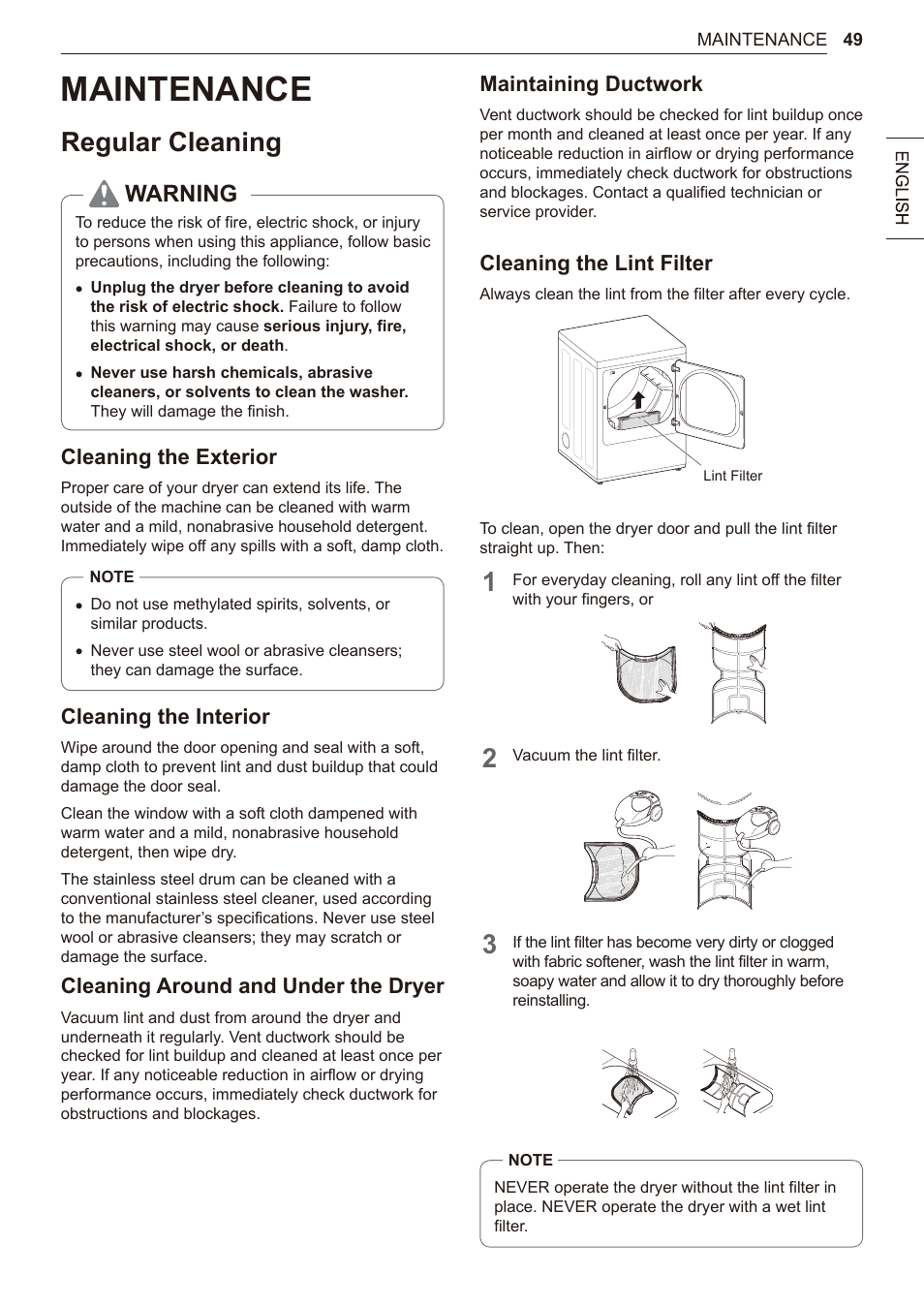 Maintenance, Regular cleaning, Warning | Cleaning the exterior, Cleaning the interior, Cleaning around and under the dryer, Maintaining ductwork, Cleaning the lint filter | LG 27 Inch Electric Smart Dryer Owner Manual User Manual | Page 49 / 128