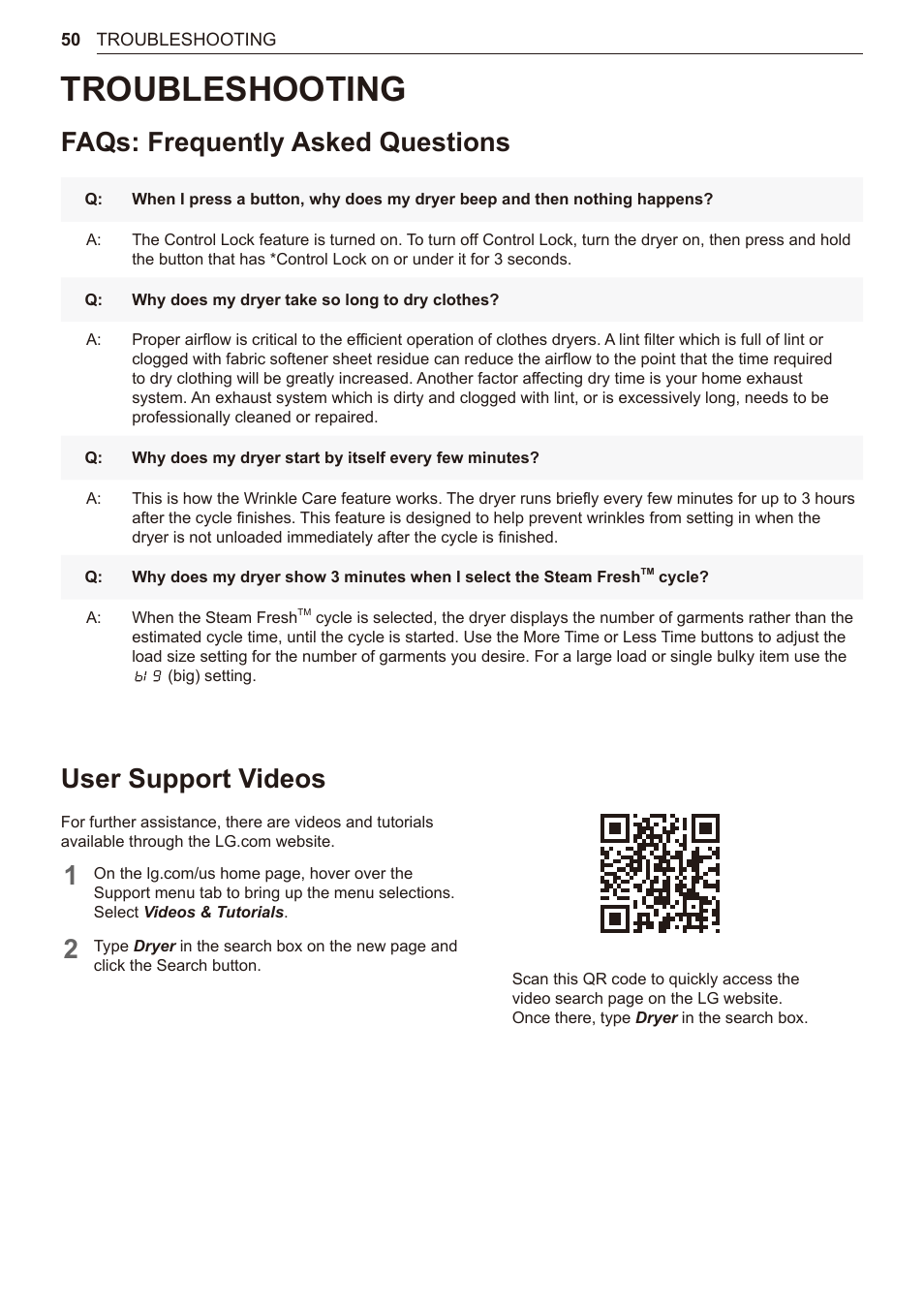 Troubleshooting, Faqs: frequently asked questions, User support videos | LG 27 Inch Electric Smart Dryer Owner Manual User Manual | Page 50 / 128