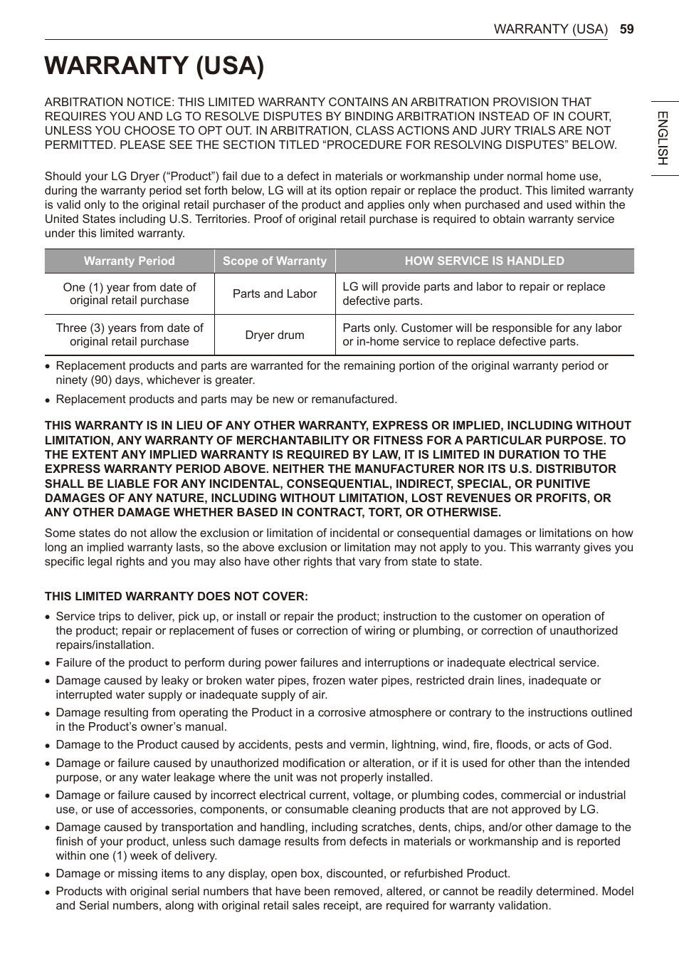 Warranty (usa) | LG 27 Inch Electric Smart Dryer Owner Manual User Manual | Page 59 / 128