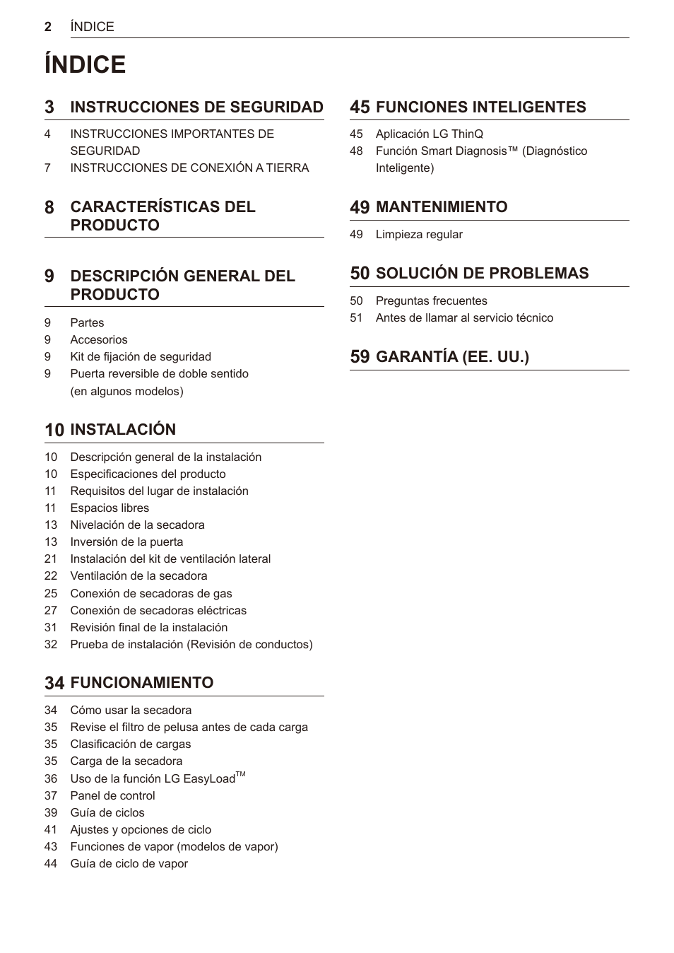 Índice | LG 27 Inch Electric Smart Dryer Owner Manual User Manual | Page 66 / 128