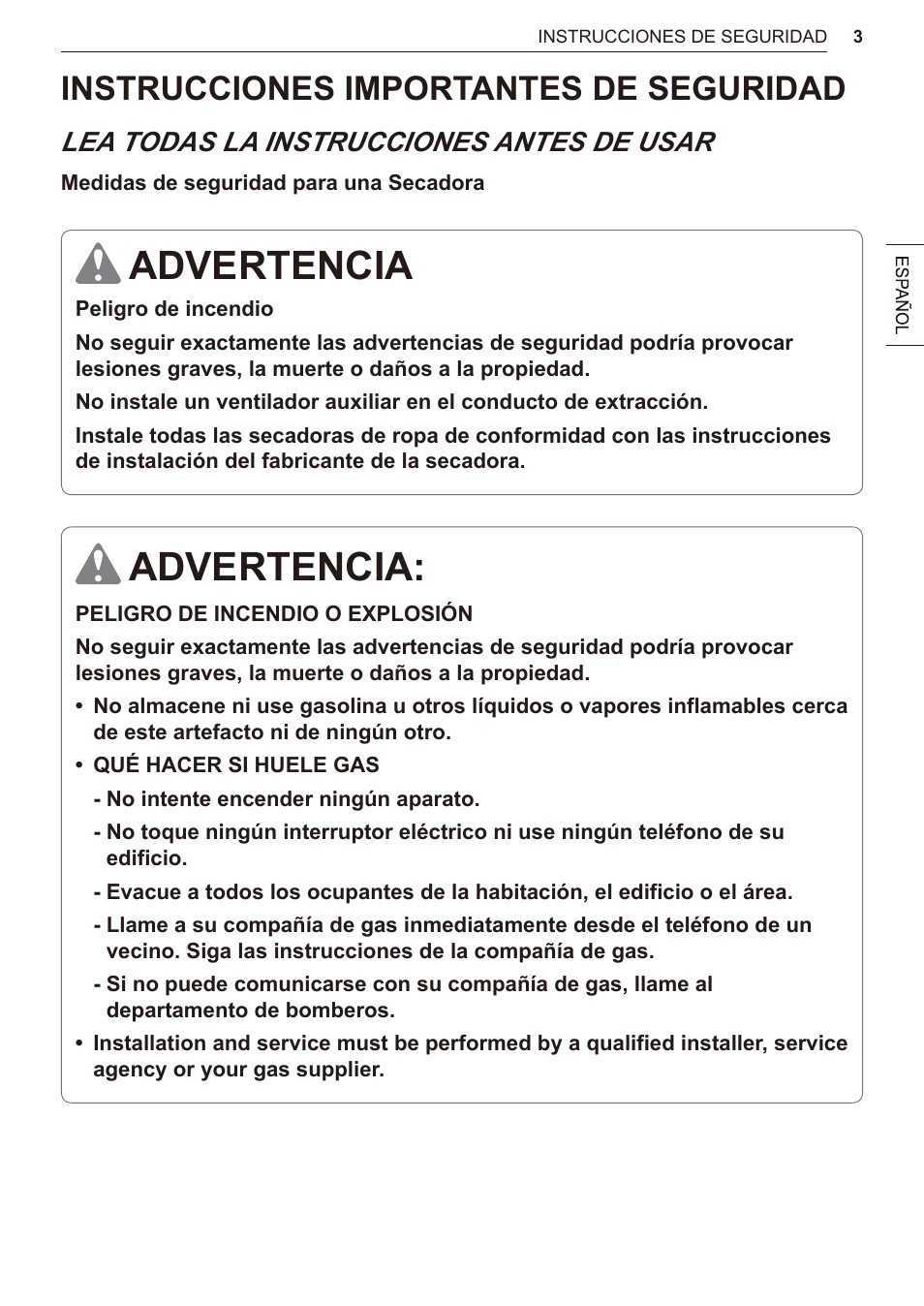 Instrucciones de seguridad, Advertencia advertencia, Instrucciones importantes de seguridad | Lea todas la instrucciones antes de usar | LG 27 Inch Electric Smart Dryer Owner Manual User Manual | Page 67 / 128