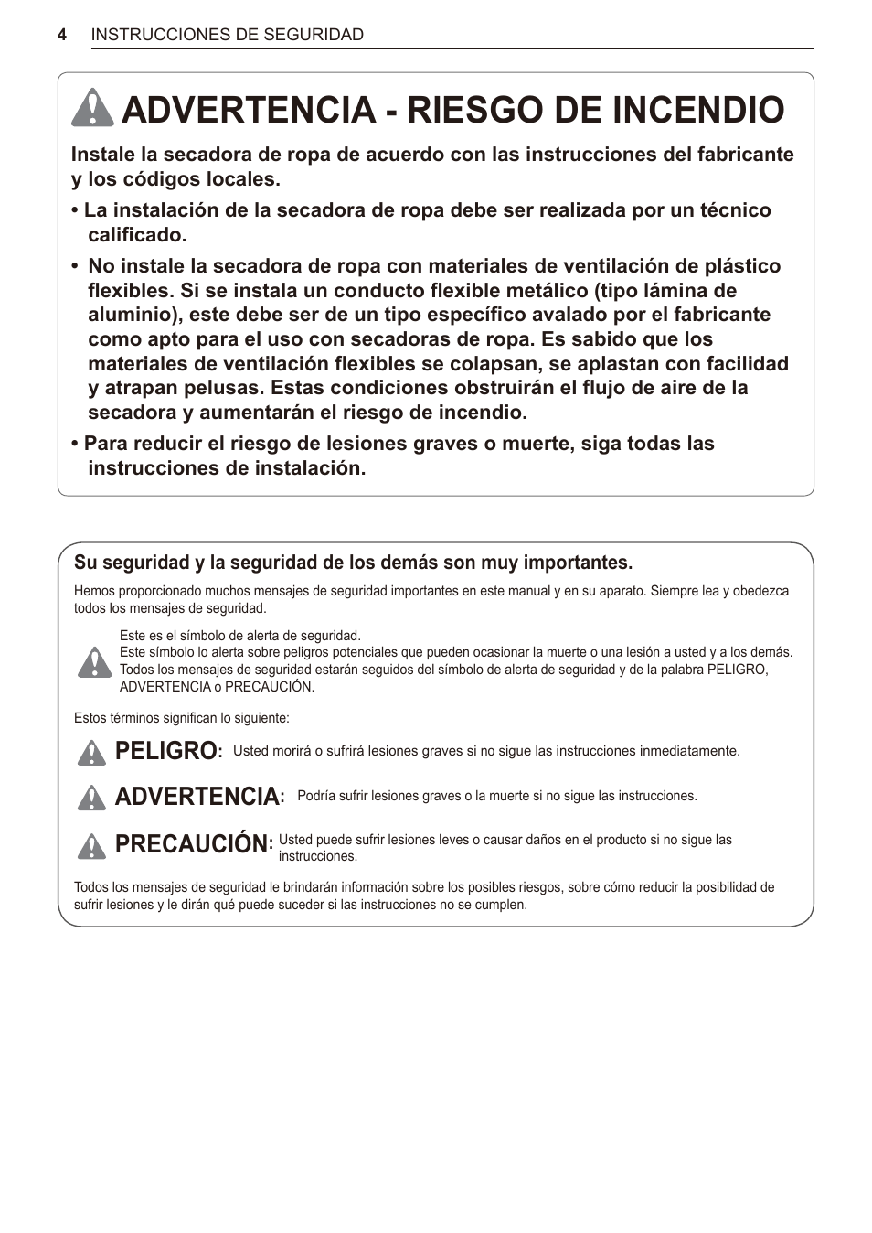 Advertencia - riesgo de incendio, Peligro, Advertencia | Precaución | LG 27 Inch Electric Smart Dryer Owner Manual User Manual | Page 68 / 128