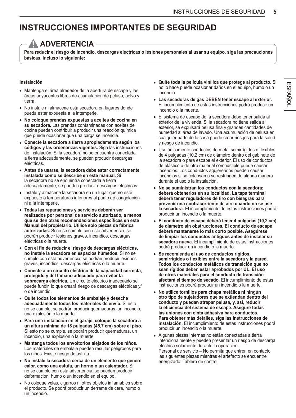 Instrucciones importantes de seguridad, Advertencia | LG 27 Inch Electric Smart Dryer Owner Manual User Manual | Page 69 / 128