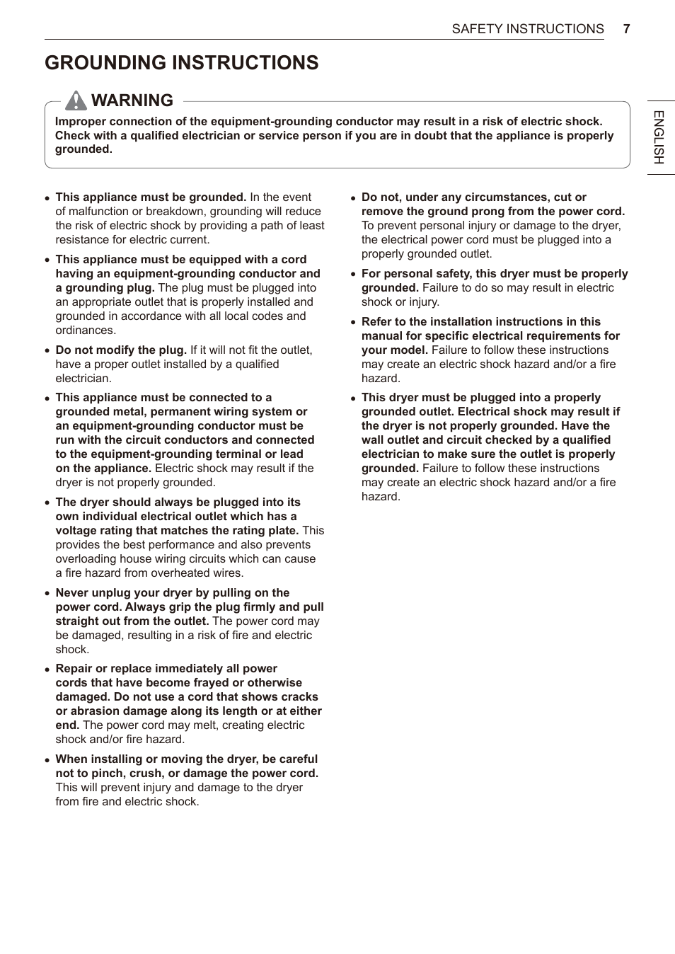 Grounding instructions, Warning | LG 27 Inch Electric Smart Dryer Owner Manual User Manual | Page 7 / 128