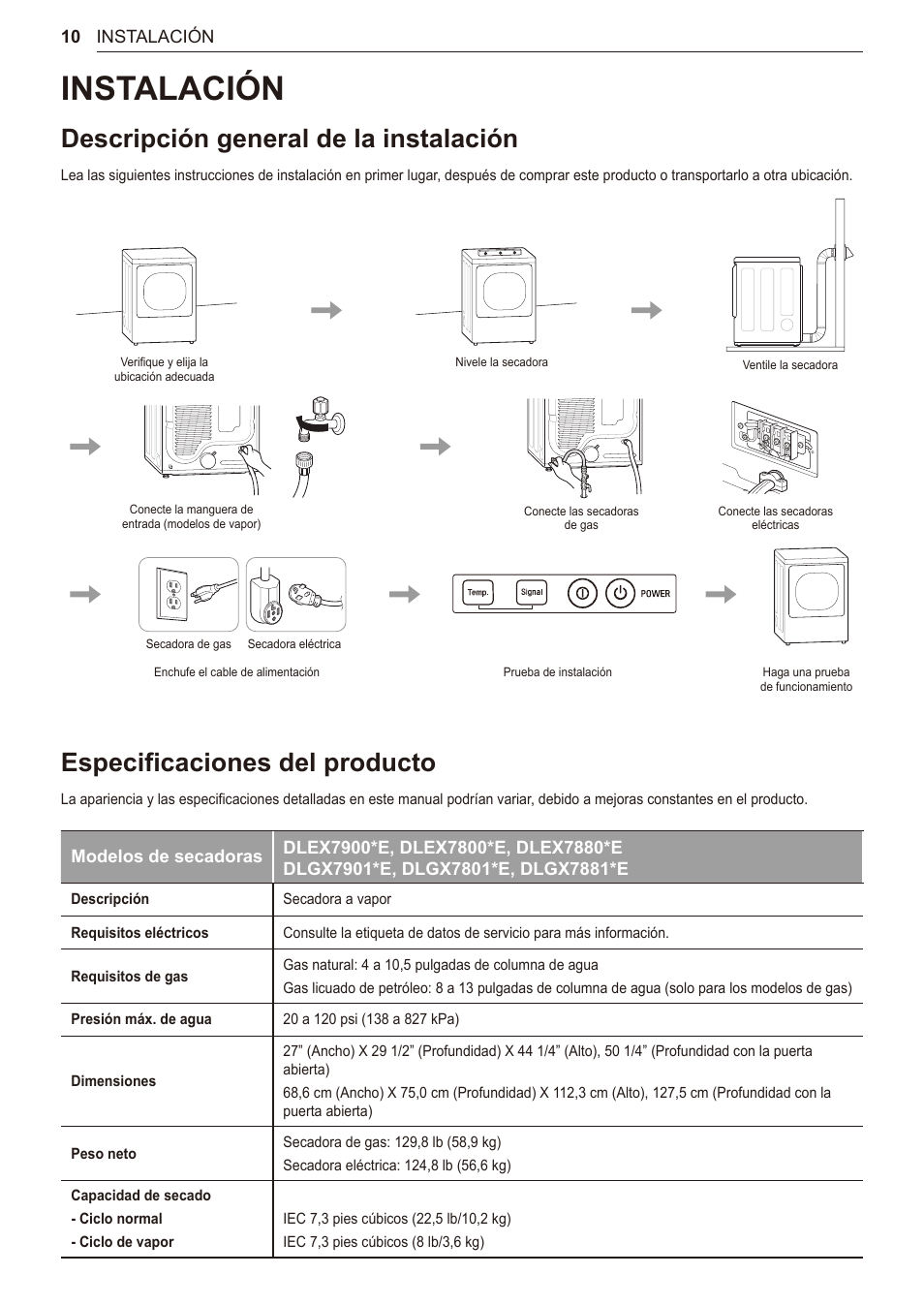 Instalación, Descripción general de la instalación, Especificaciones del producto | LG 27 Inch Electric Smart Dryer Owner Manual User Manual | Page 74 / 128