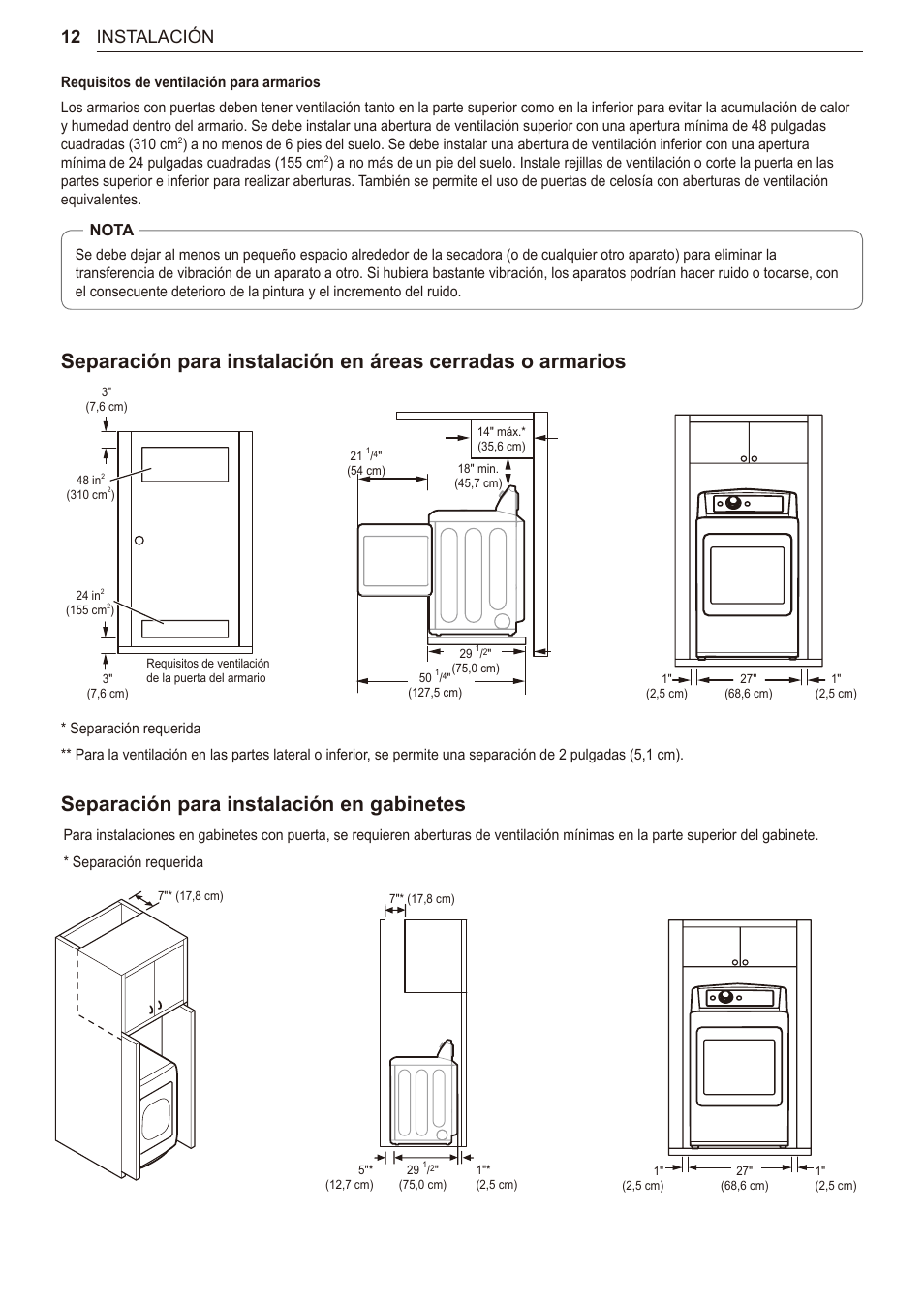 Separación para instalación en gabinetes, 12 instalación, Nota | LG 27 Inch Electric Smart Dryer Owner Manual User Manual | Page 76 / 128