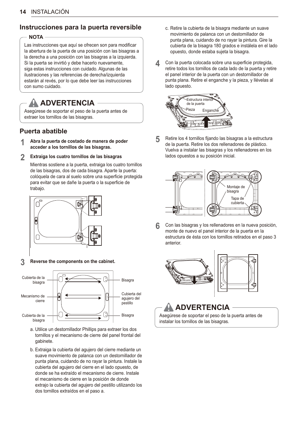 Advertencia, Instrucciones para la puerta reversible, Puerta abatible | LG 27 Inch Electric Smart Dryer Owner Manual User Manual | Page 78 / 128