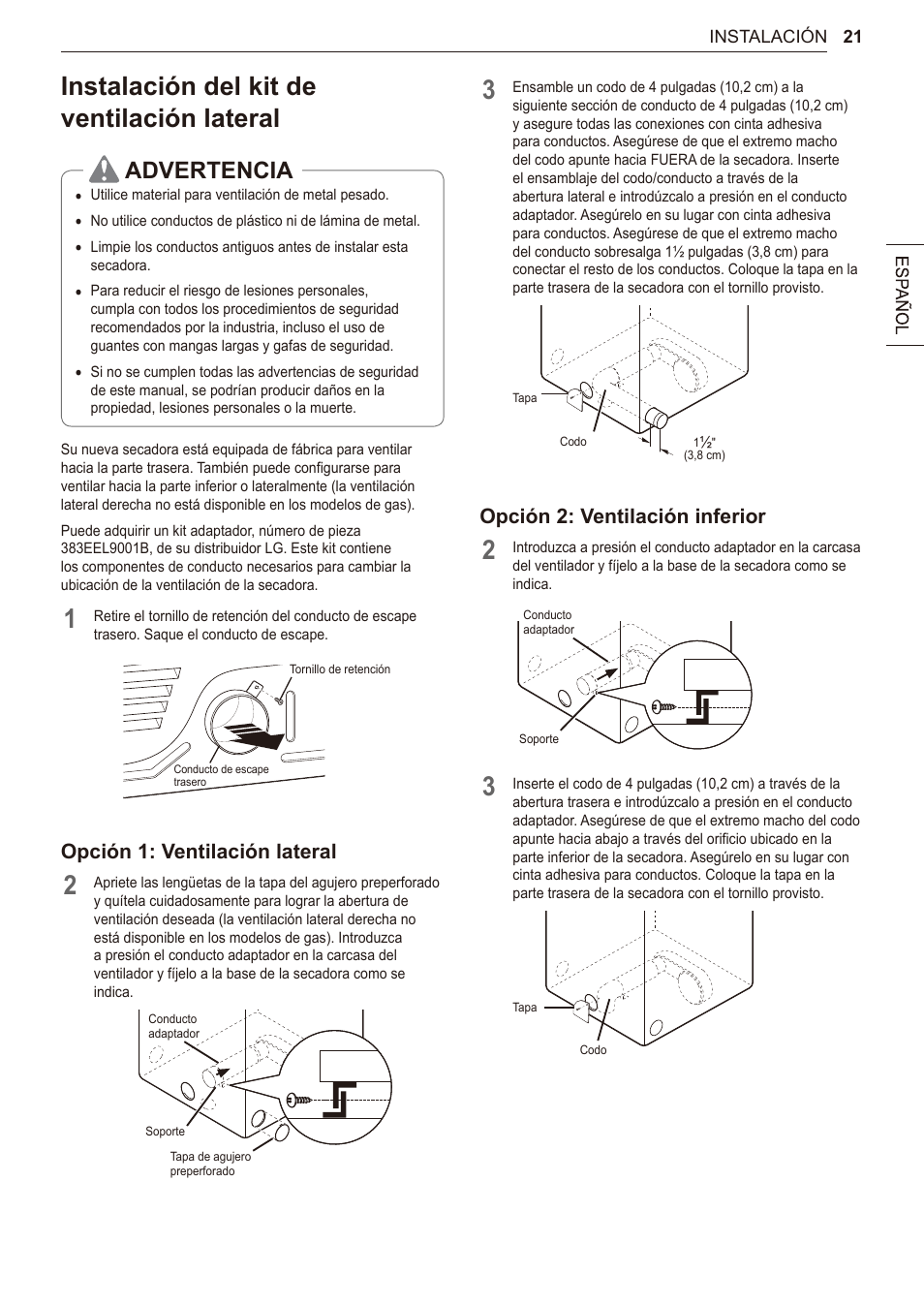 Instalación del kit de ventilación lateral, 21 instalación del kit de ventilación lateral, Advertencia | Opción 1: ventilación lateral, Opción 2: ventilación inferior | LG 27 Inch Electric Smart Dryer Owner Manual User Manual | Page 85 / 128