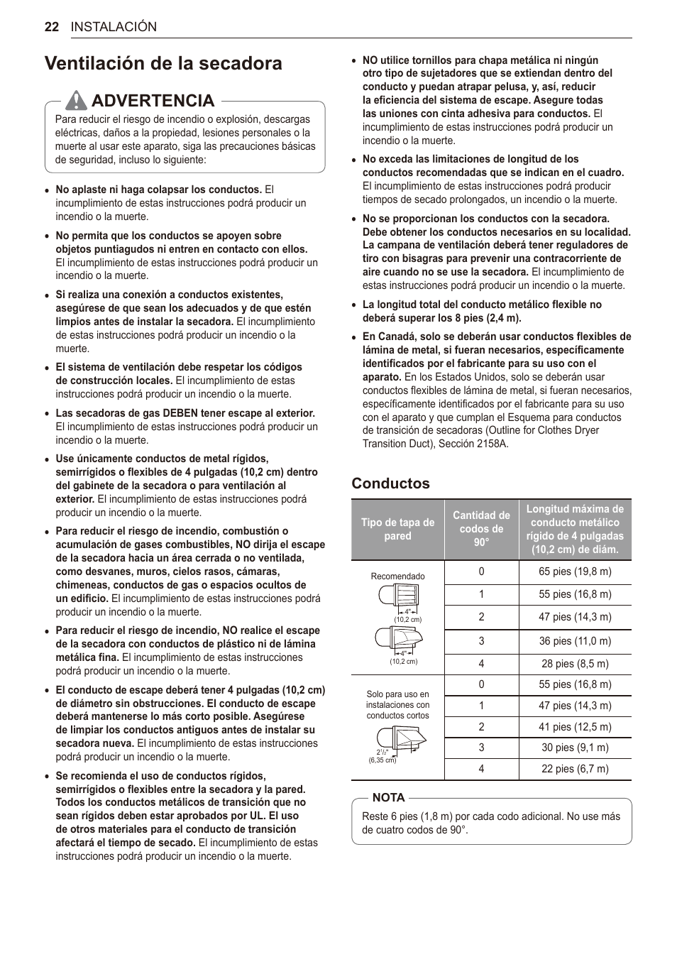 Ventilación de la secadora, 22 ventilación de la secadora, Advertencia | Conductos | LG 27 Inch Electric Smart Dryer Owner Manual User Manual | Page 86 / 128