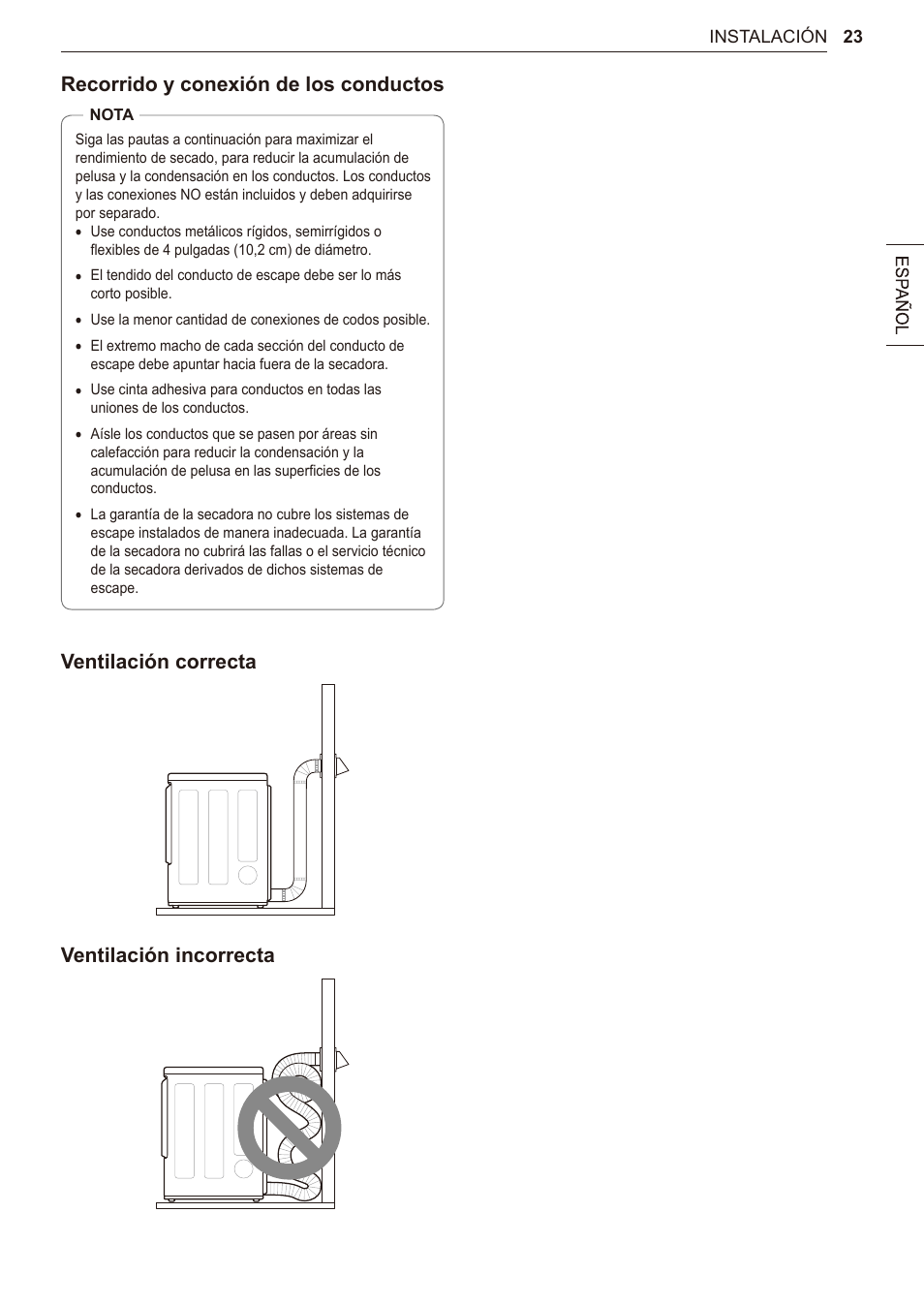 Recorrido y conexión de los conductos, Ventilación correcta ventilación incorrecta | LG 27 Inch Electric Smart Dryer Owner Manual User Manual | Page 87 / 128