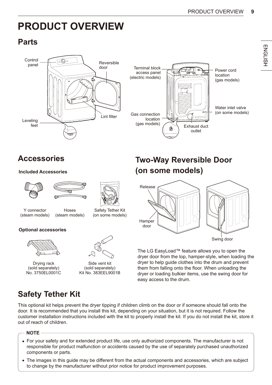 Product overview, Parts, Accessories | Safety tether kit, Two-way reversible door (on some models), 9 parts 9 accessories 9 | LG 27 Inch Electric Smart Dryer Owner Manual User Manual | Page 9 / 128