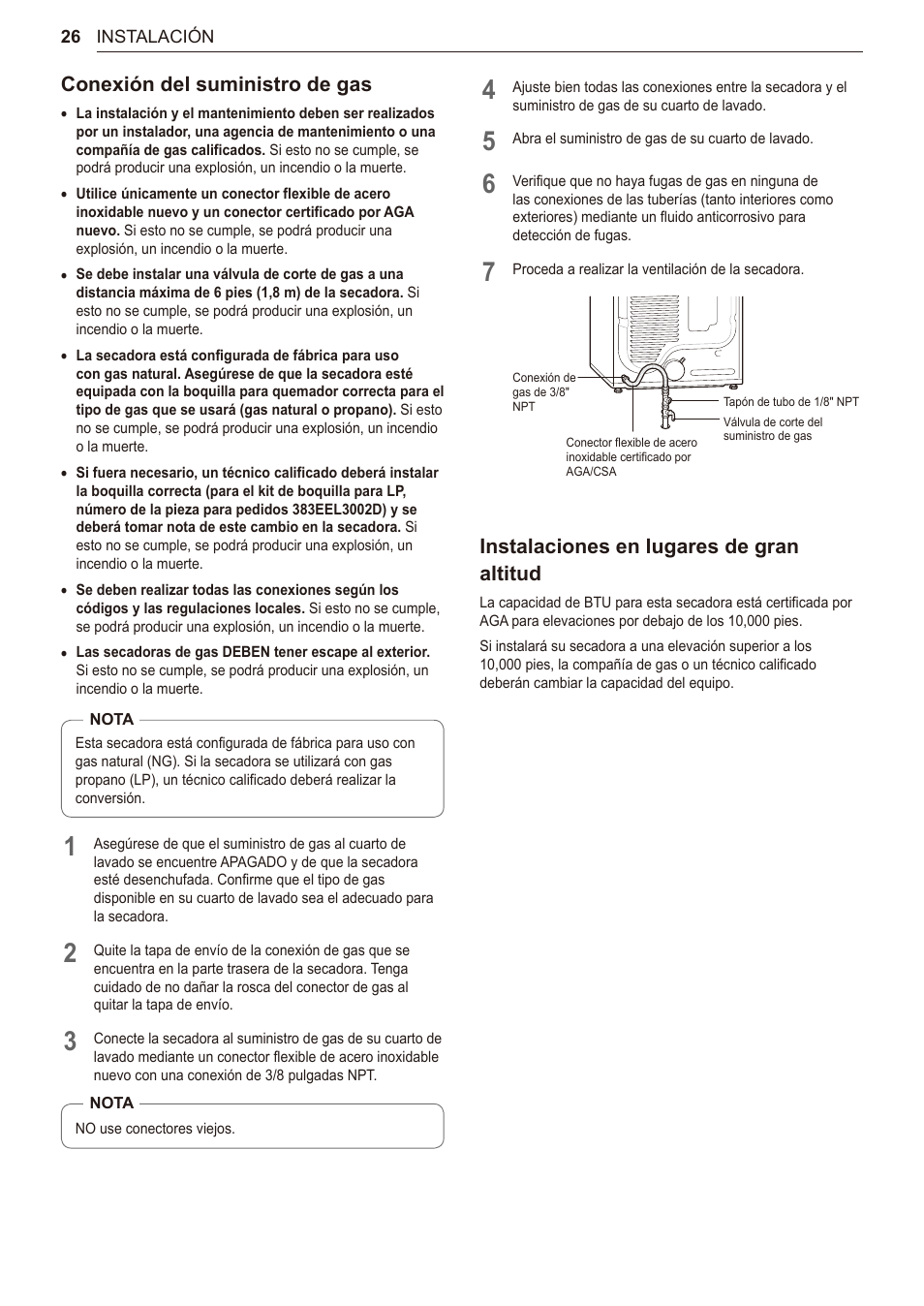 Conexión del suministro de gas, Instalaciones en lugares de gran altitud | LG 27 Inch Electric Smart Dryer Owner Manual User Manual | Page 90 / 128