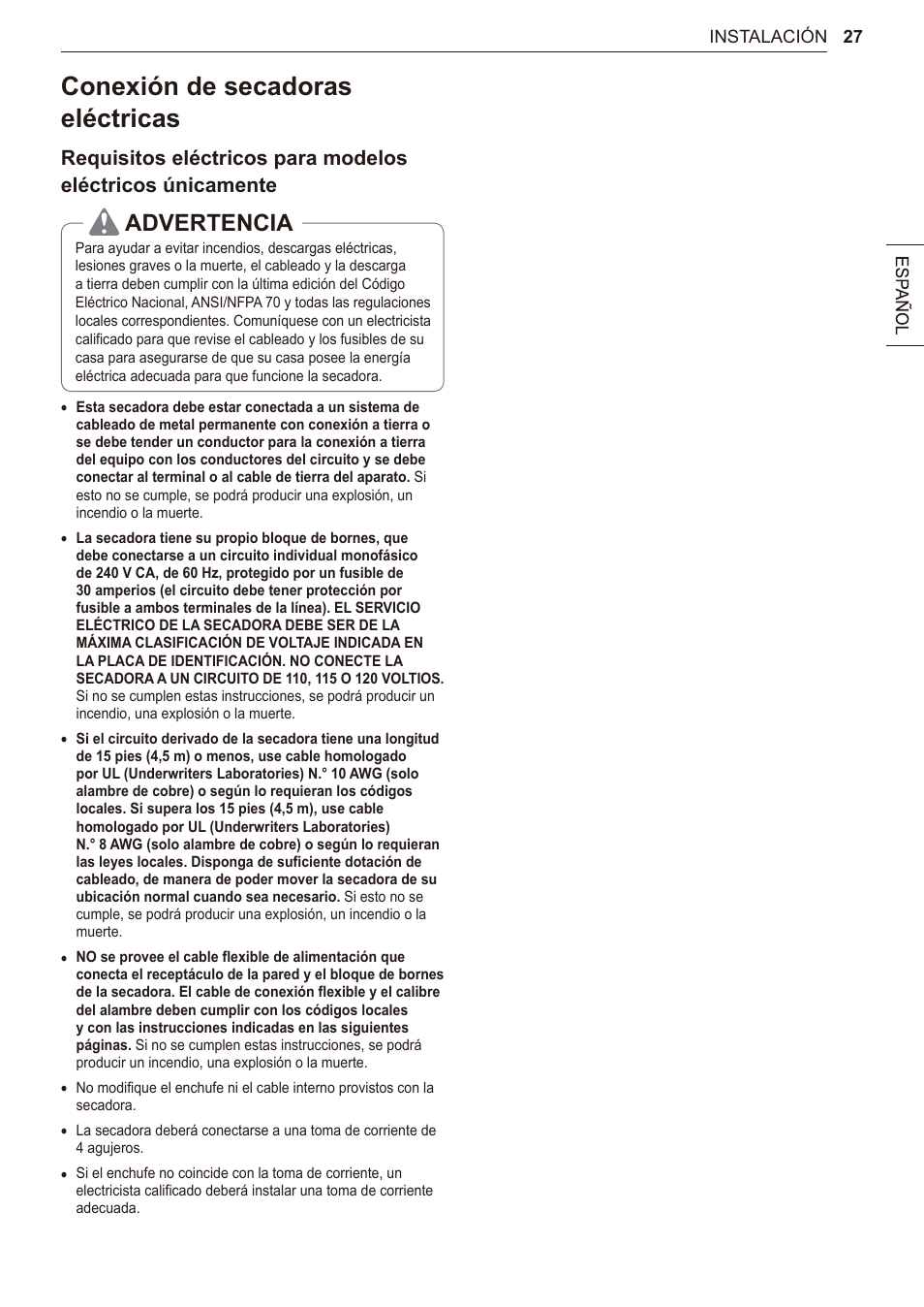 Conexión de secadoras eléctricas, 27 conexión de secadoras eléctricas, Advertencia | LG 27 Inch Electric Smart Dryer Owner Manual User Manual | Page 91 / 128