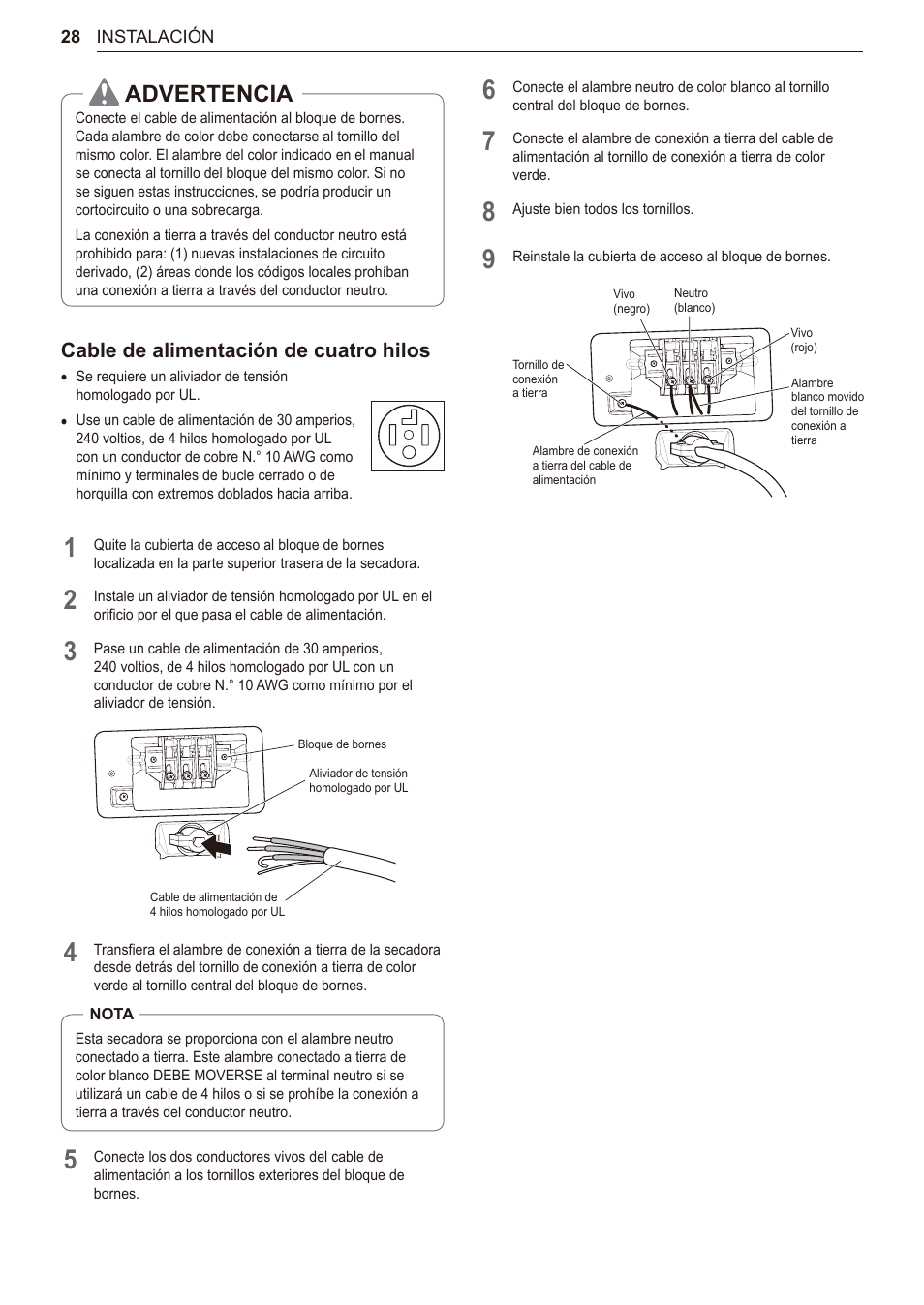 Advertencia, Cable de alimentación de cuatro hilos | LG 27 Inch Electric Smart Dryer Owner Manual User Manual | Page 92 / 128