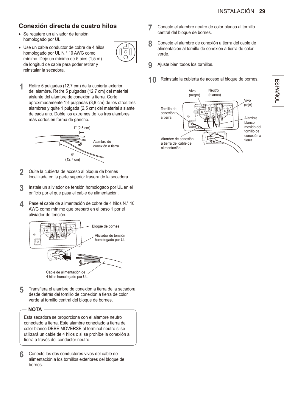 Conexión directa de cuatro hilos | LG 27 Inch Electric Smart Dryer Owner Manual User Manual | Page 93 / 128