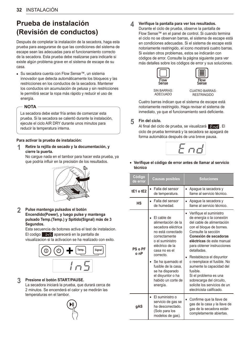 Prueba de instalación (revisión de conductos), 32 prueba de instalación (revisión de conductos) | LG 27 Inch Electric Smart Dryer Owner Manual User Manual | Page 96 / 128