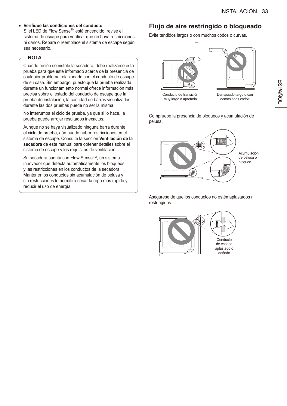 Flujo de aire restringido o bloqueado, 33 instalación | LG 27 Inch Electric Smart Dryer Owner Manual User Manual | Page 97 / 128