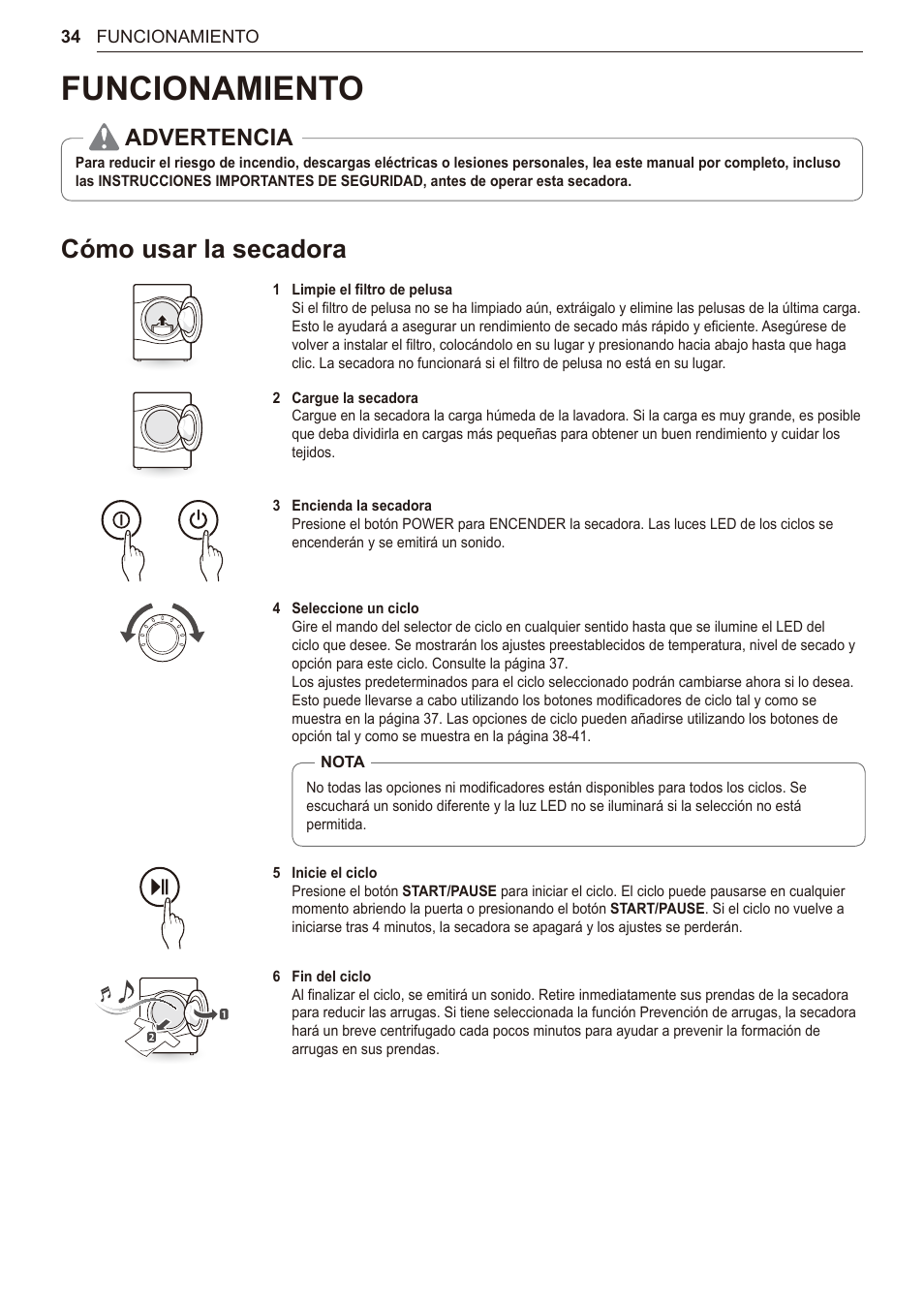 Funcionamiento, Cómo usar la secadora, 34 cómo usar la secadora | Advertencia | LG 27 Inch Electric Smart Dryer Owner Manual User Manual | Page 98 / 128