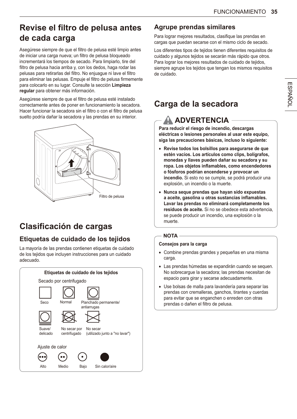 Revise el filtro de pelusa antes de cada carga, Clasificación de cargas, Carga de la secadora | Advertencia, Etiquetas de cuidado de los tejidos, Agrupe prendas similares | LG 27 Inch Electric Smart Dryer Owner Manual User Manual | Page 99 / 128