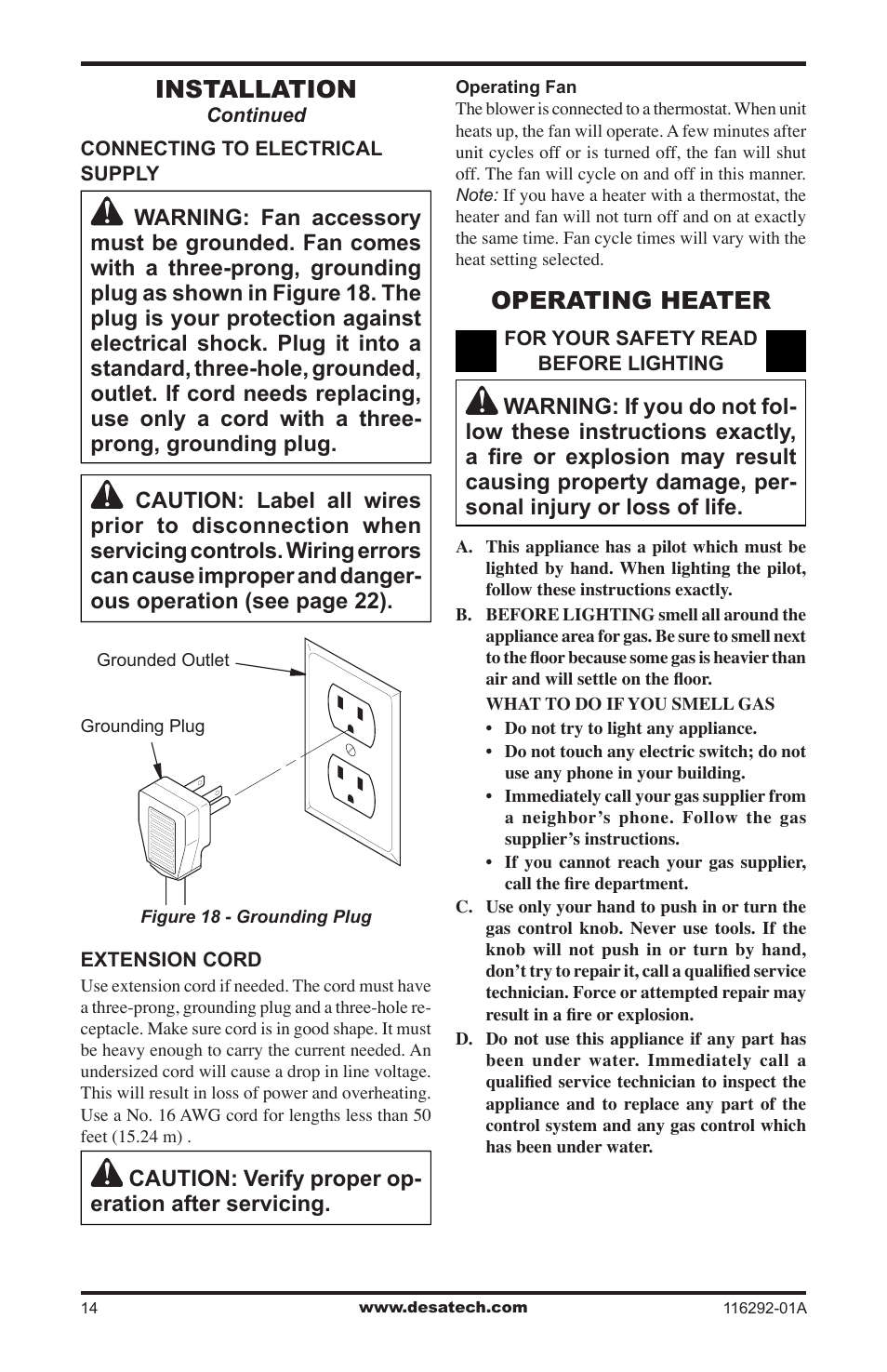 Operating heater, Installation, Caution: verify proper op- eration after servicing | Desa VSL18NT User Manual | Page 14 / 56