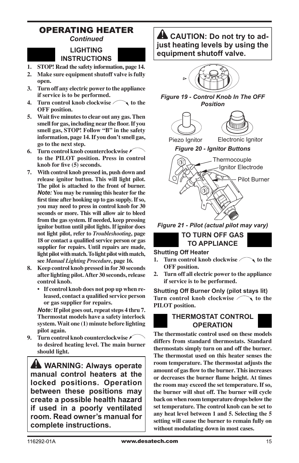 Operating heater | Desa VSL18NT User Manual | Page 15 / 56