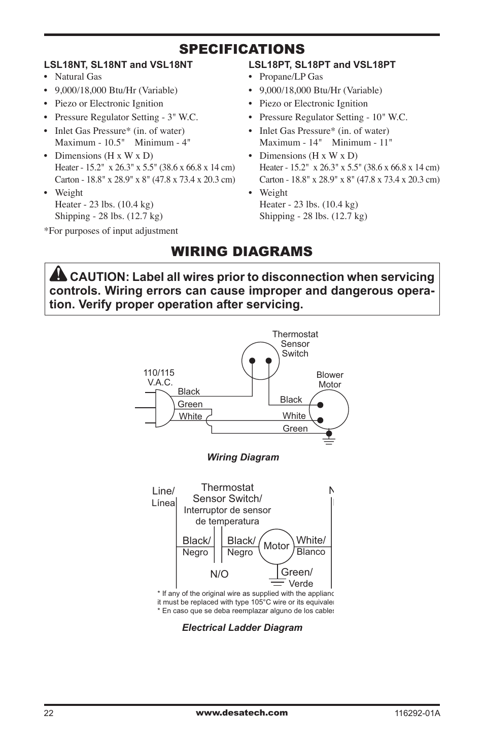 Specifications, Wiring diagrams | Desa VSL18NT User Manual | Page 22 / 56