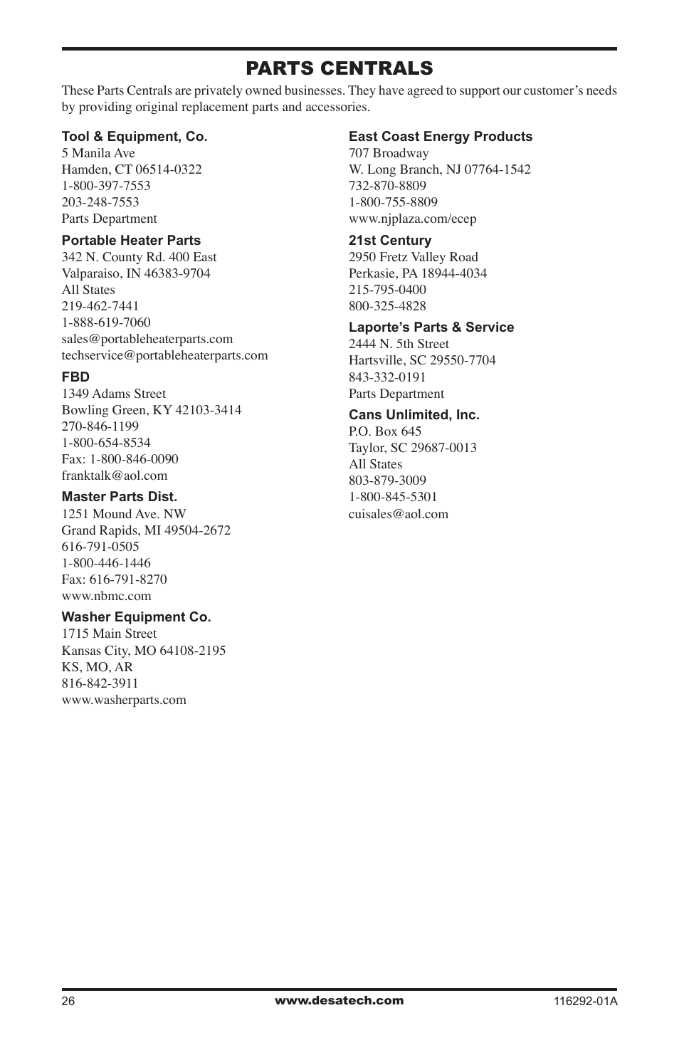 Parts centrals | Desa VSL18NT User Manual | Page 26 / 56