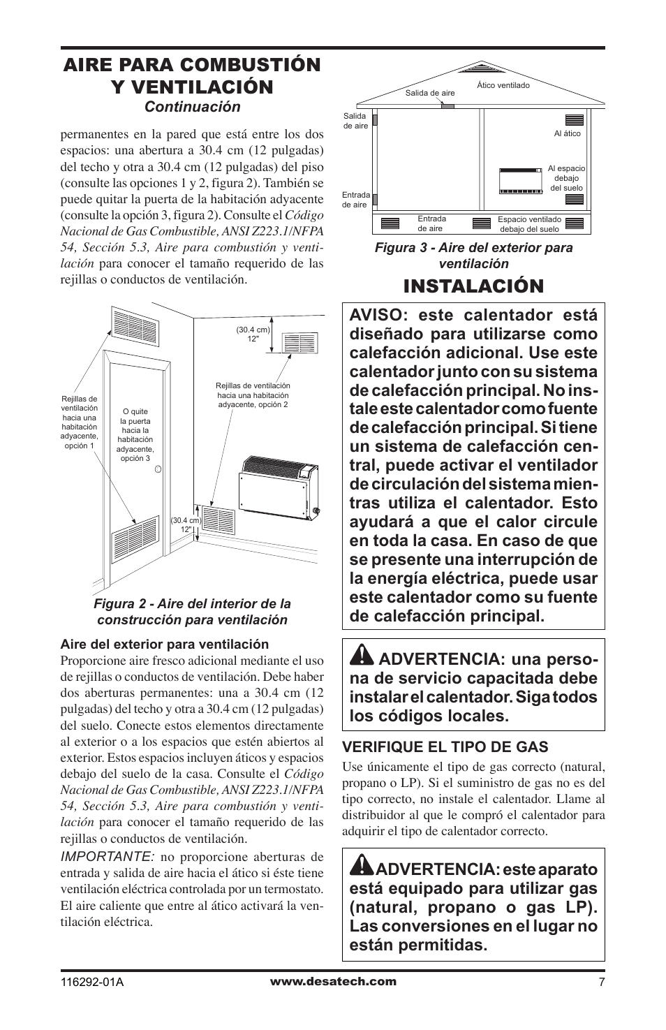 Instalación, Aire para combustión y ventilación | Desa VSL18NT User Manual | Page 35 / 56
