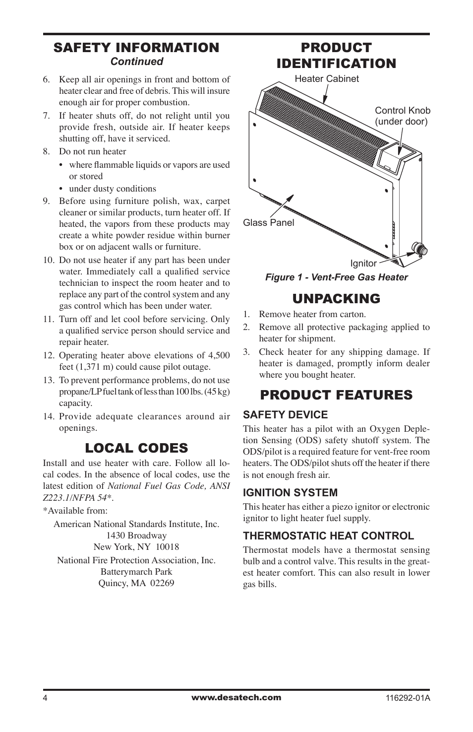 Local codes, Product identification, Unpacking | Product features, Safety information, Product identification unpacking | Desa VSL18NT User Manual | Page 4 / 56