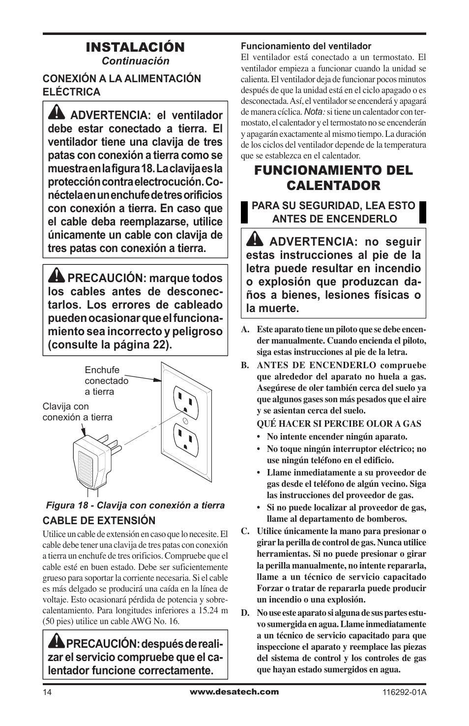 Funcionamiento del calentador, Instalación | Desa VSL18NT User Manual | Page 42 / 56